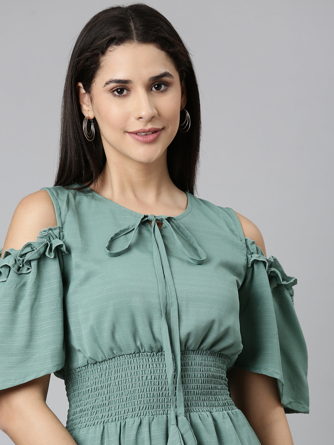 Women's Sea Green Tie-Up Neck Cold-Shoulder Tiered Fit & Flare Dress