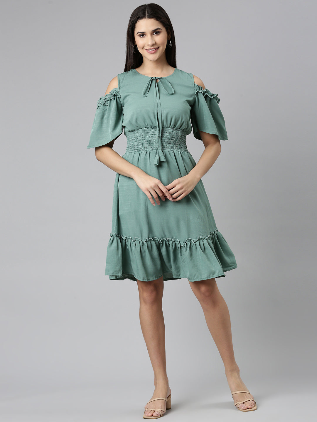 Women's Sea Green Tie-Up Neck Cold-Shoulder Tiered Fit & Flare Dress