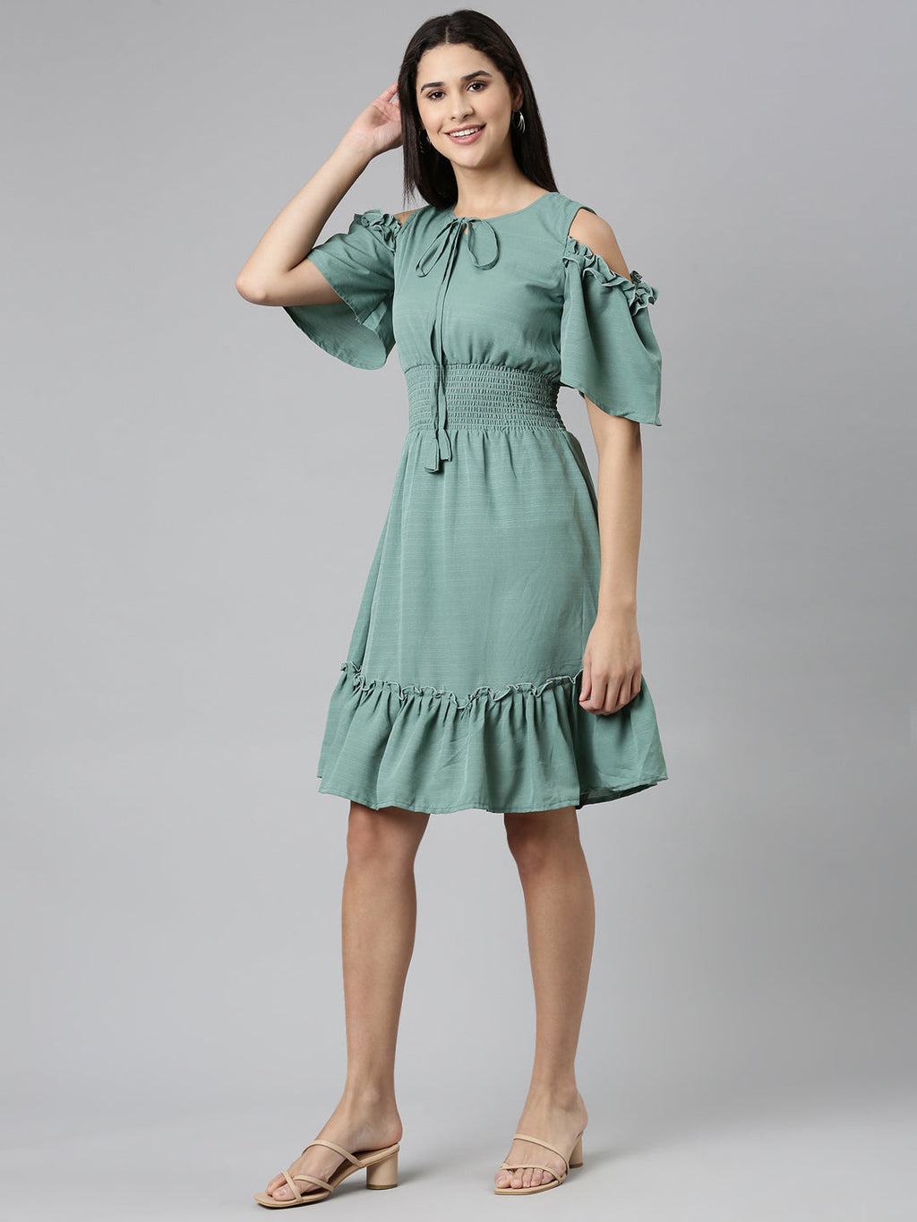 Women's Sea Green Tie-Up Neck Cold-Shoulder Tiered Fit & Flare Dress