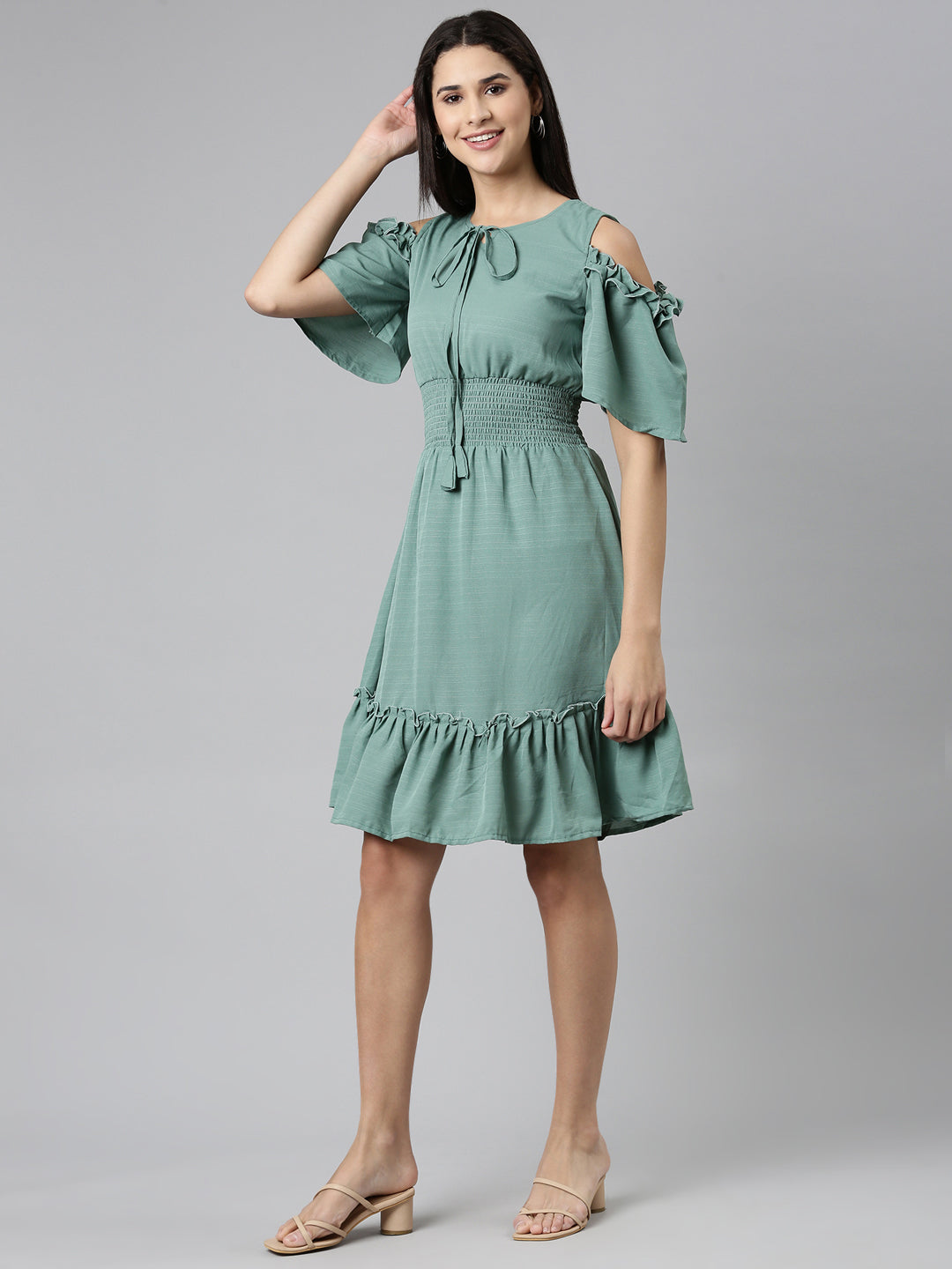 Women's Sea Green Tie-Up Neck Cold-Shoulder Tiered Fit & Flare Dress