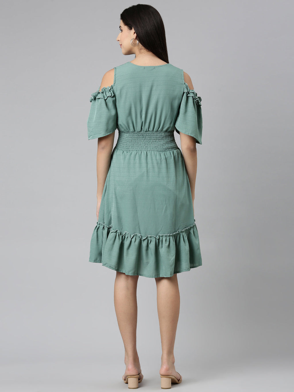 Women's Sea Green Tie-Up Neck Cold-Shoulder Tiered Fit & Flare Dress