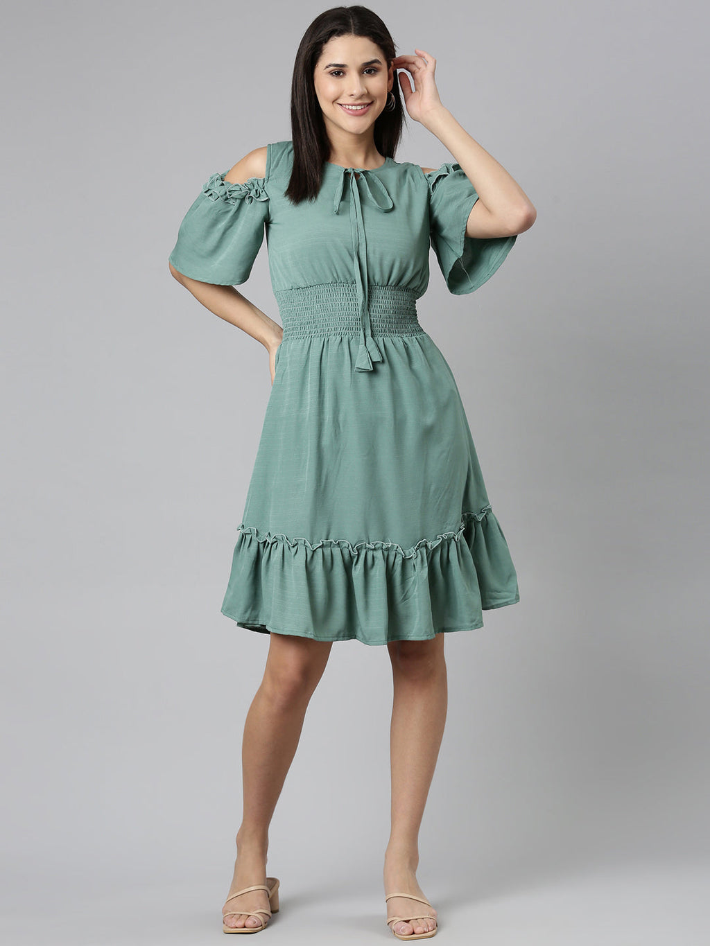Women's Sea Green Tie-Up Neck Cold-Shoulder Tiered Fit & Flare Dress