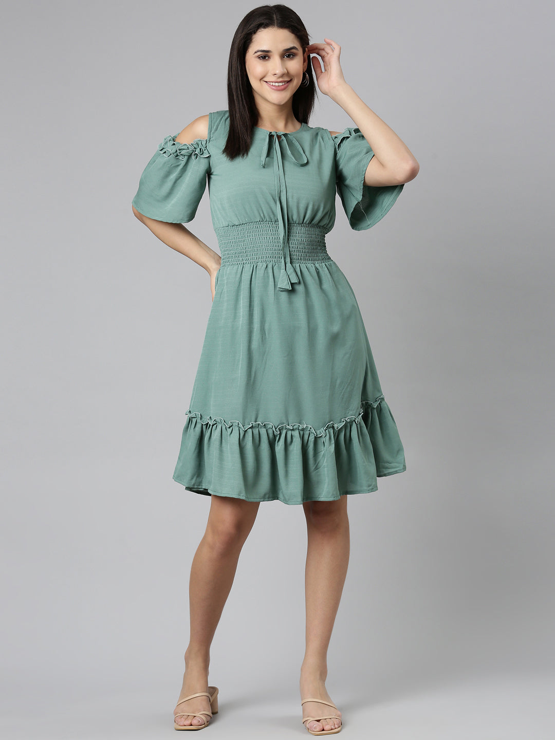 Women's Sea Green Tie-Up Neck Cold-Shoulder Tiered Fit & Flare Dress