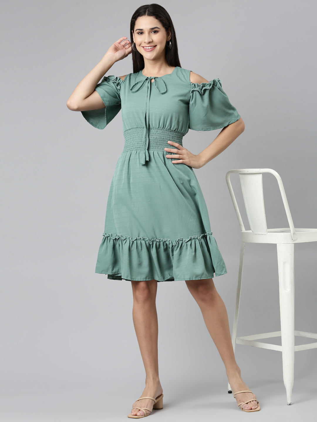 Women's Sea Green Tie-Up Neck Cold-Shoulder Tiered Fit & Flare Dress