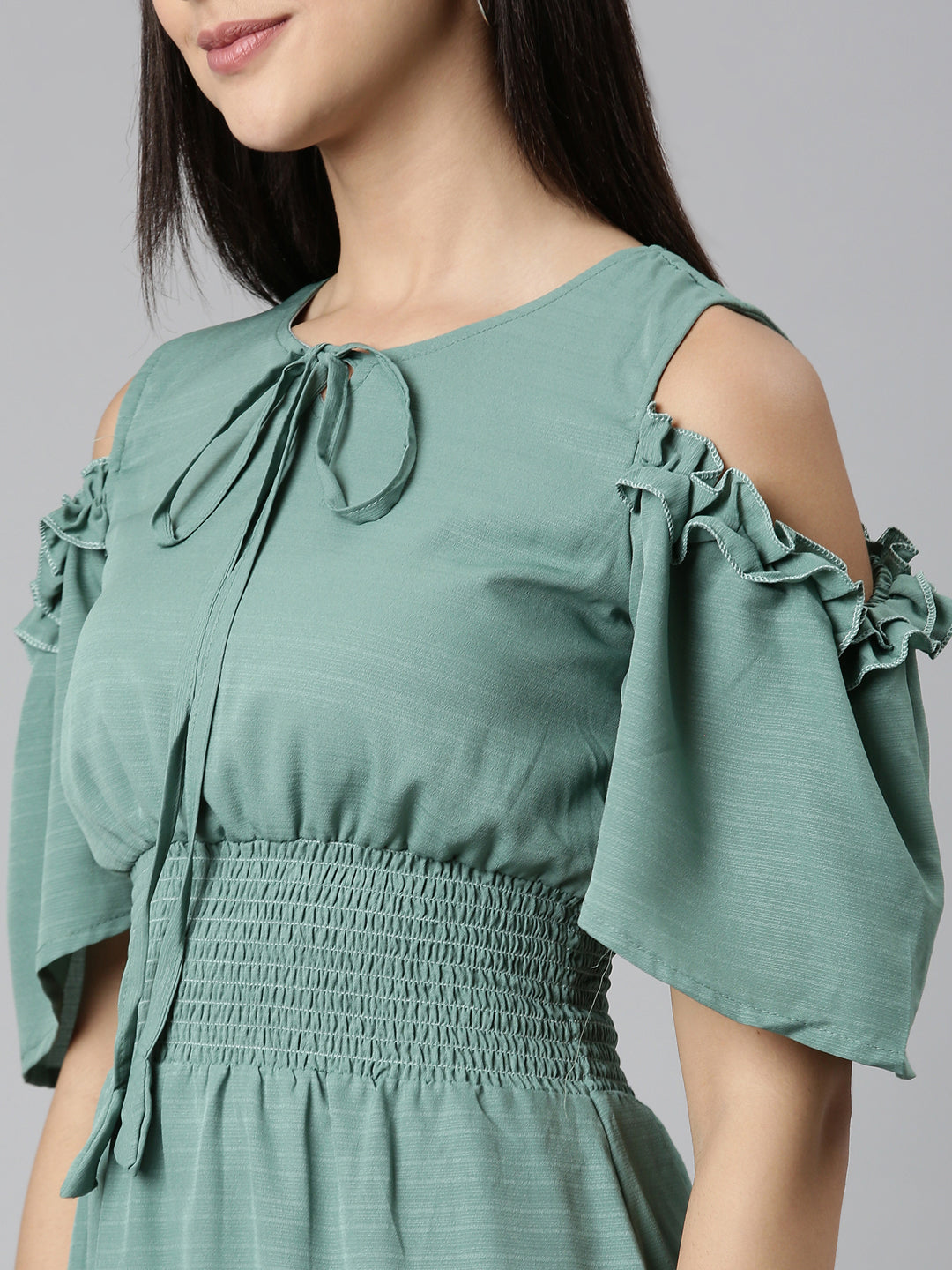 Women's Sea Green Tie-Up Neck Cold-Shoulder Tiered Fit & Flare Dress