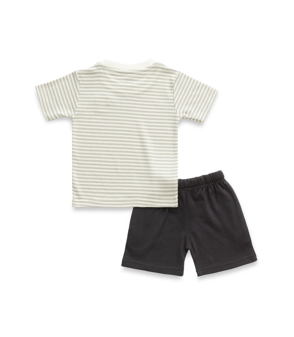 Grey Stripes & Panda Embroidered Kids Tshirt With Shorts