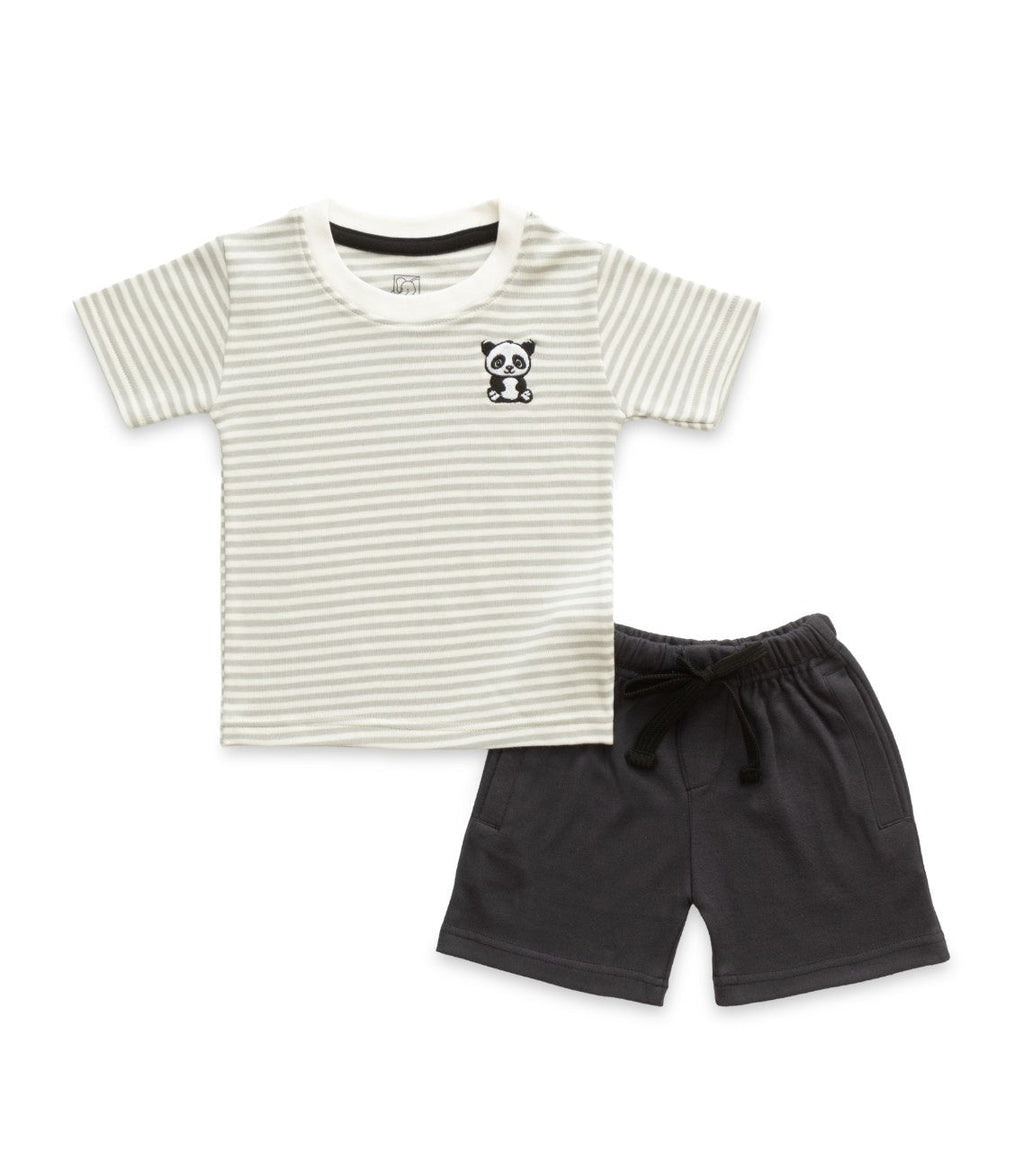 Grey Stripes & Panda Embroidered Kids Tshirt With Shorts