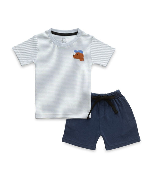 Blue Stripes & Doggy Embroidered Kids Tshirt With Shorts