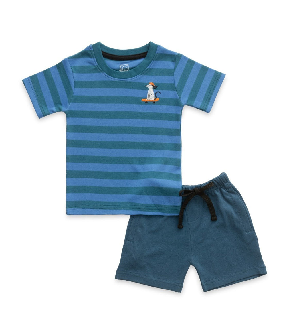 Royalblue Stripes & Skating Dog Embroidered Kids Tshirt With Shorts