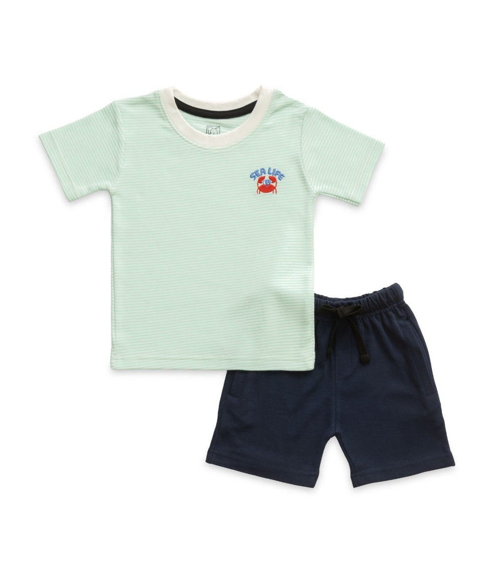 Green Stripes & Sea Life Embroidered Kids Tshirt With Shorts