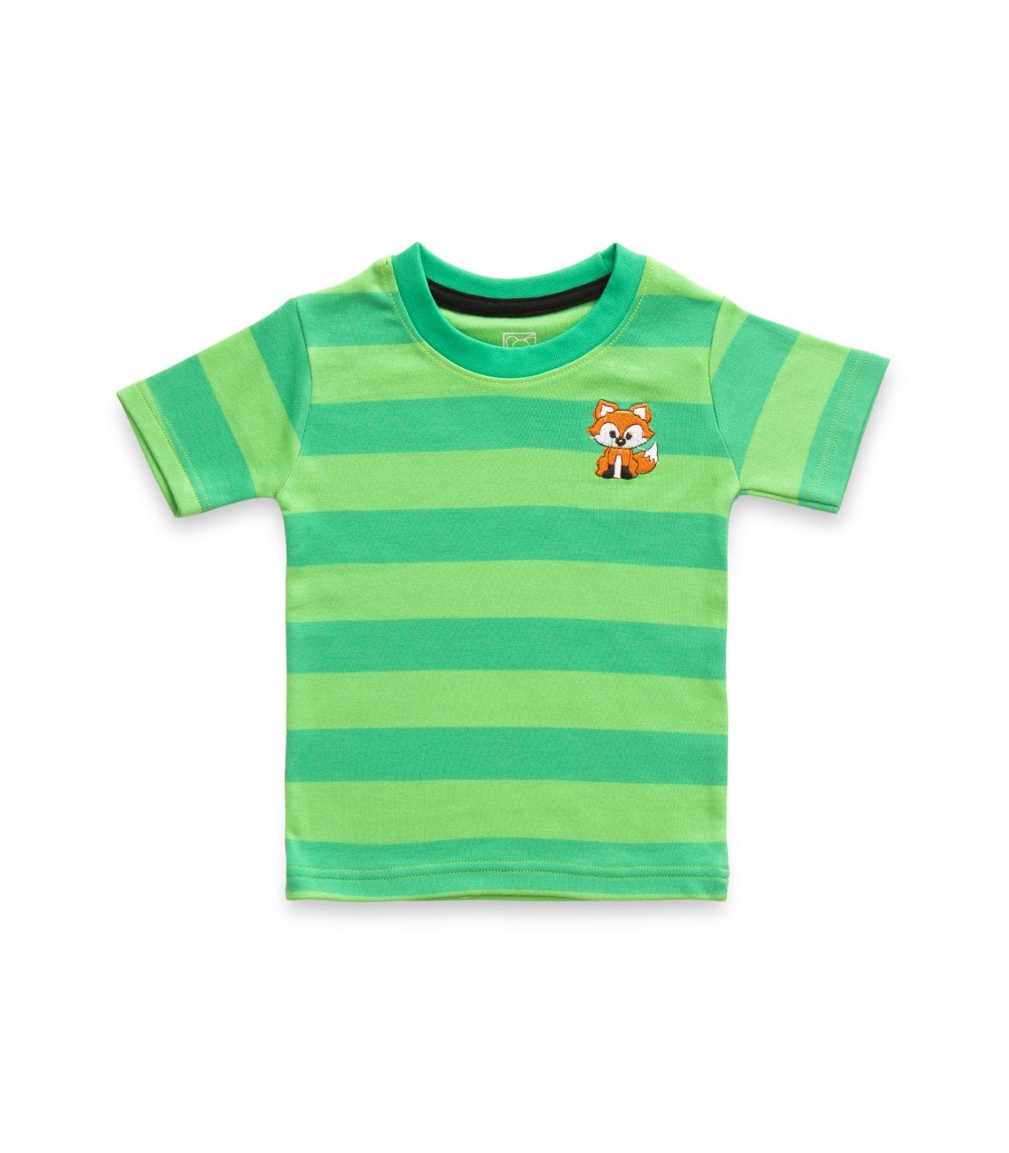 Green Stripes & Red Fox Embroidered Kids Tshirt With Shorts