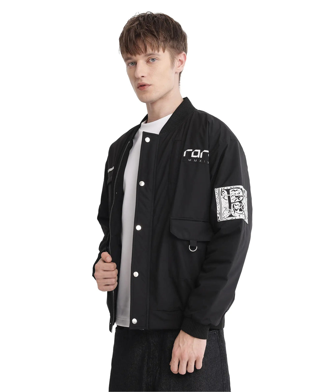 Rare Rabbit Men's Huxley Black Polyester Label Print Regular Fit Full Sleeve Ribbed Collar Jacket