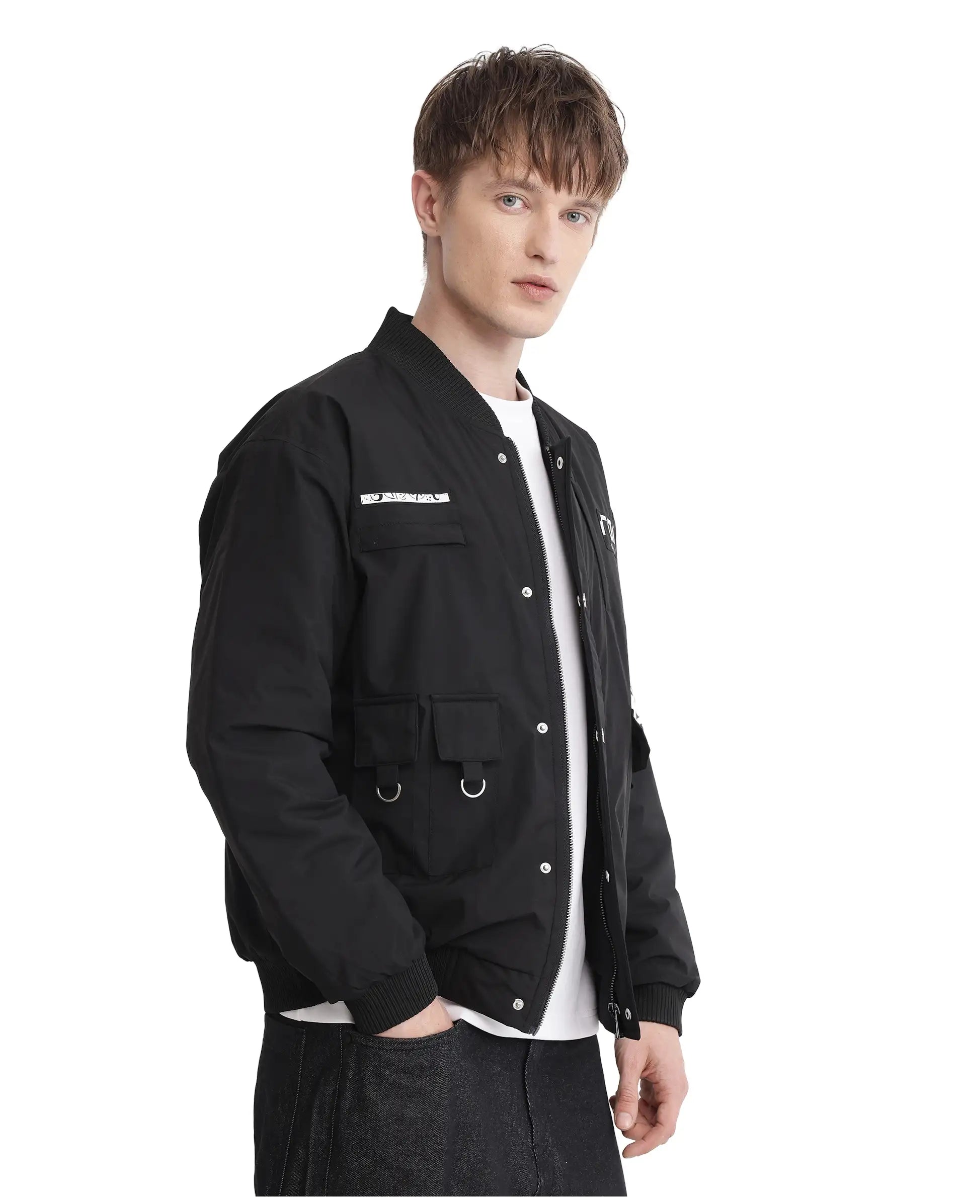 Rare Rabbit Men's Huxley Black Polyester Label Print Regular Fit Full Sleeve Ribbed Collar Jacket