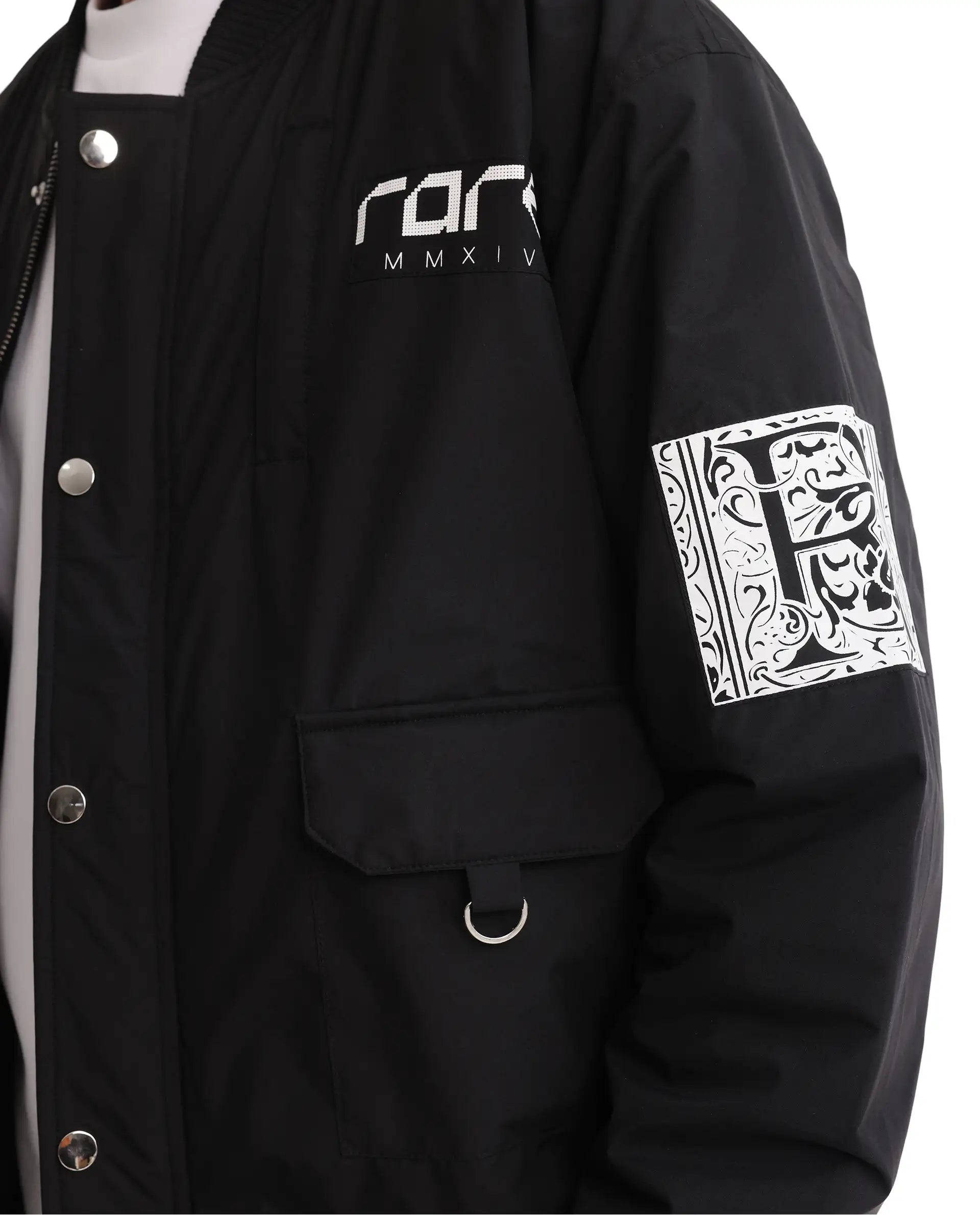 Rare Rabbit Men's Huxley Black Polyester Label Print Regular Fit Full Sleeve Ribbed Collar Jacket