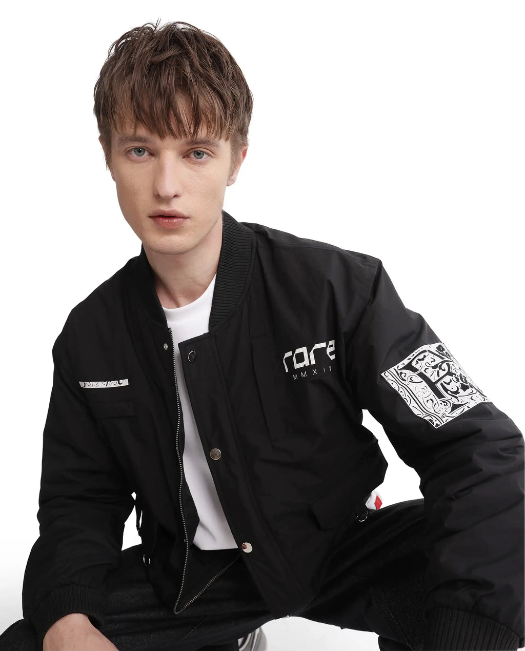 Rare Rabbit Men's Huxley Black Polyester Label Print Regular Fit Full Sleeve Ribbed Collar Jacket
