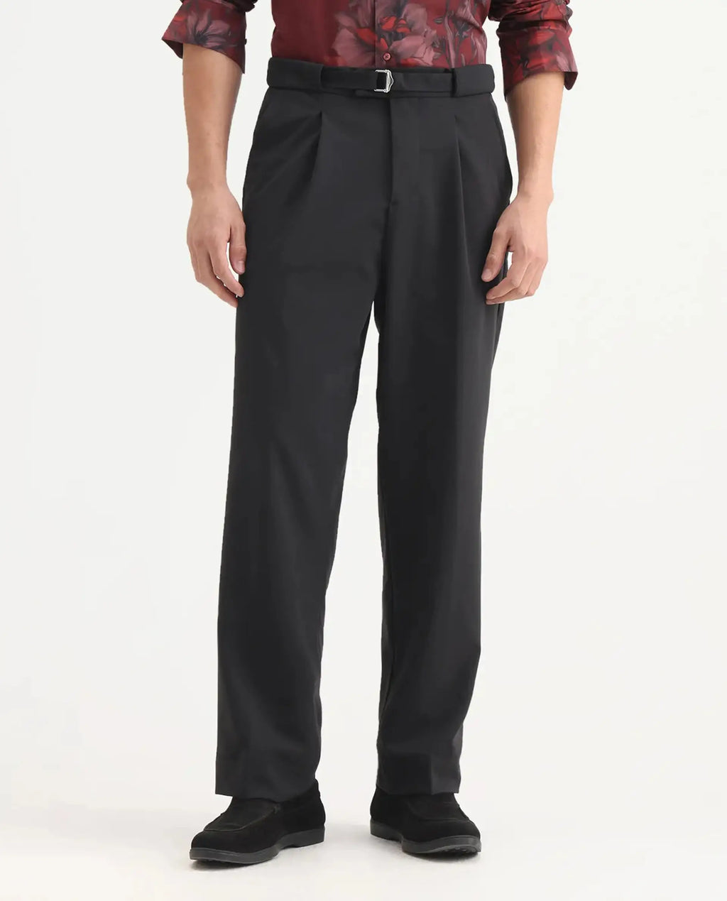 Rare Rabbit Men's Axie Black Cotton Blend Plain Wide Leg Trouser