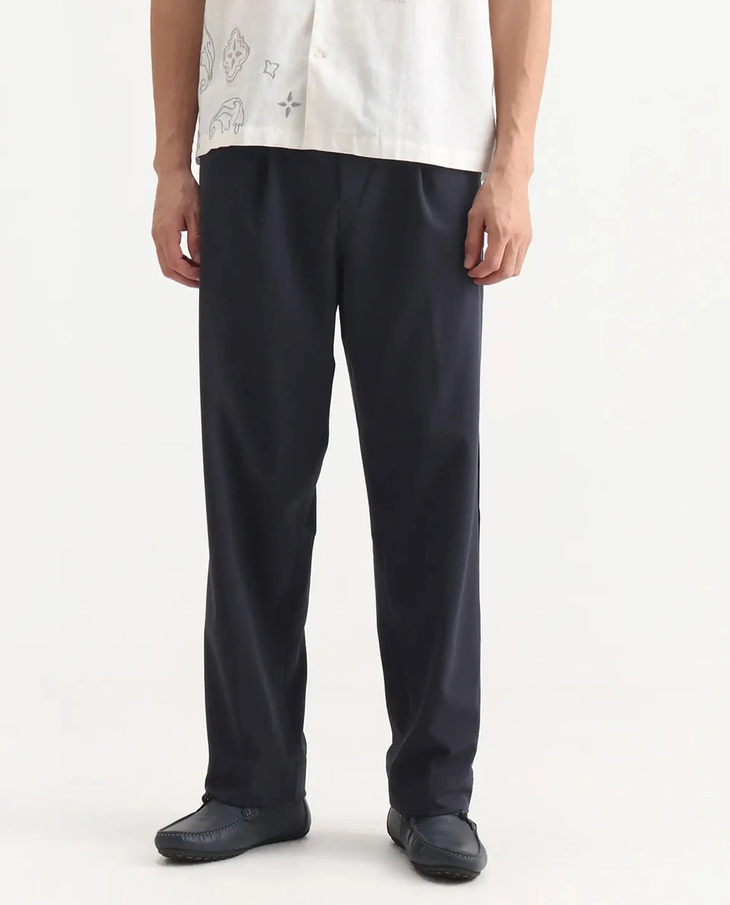 Rare Rabbit Men's Axie Navy Cotton Blend Plain Wide Leg Trouser