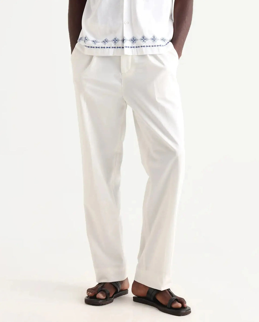 Rare Rabbit Men's Axie White Cotton Blend Plain Wide Leg Trouser