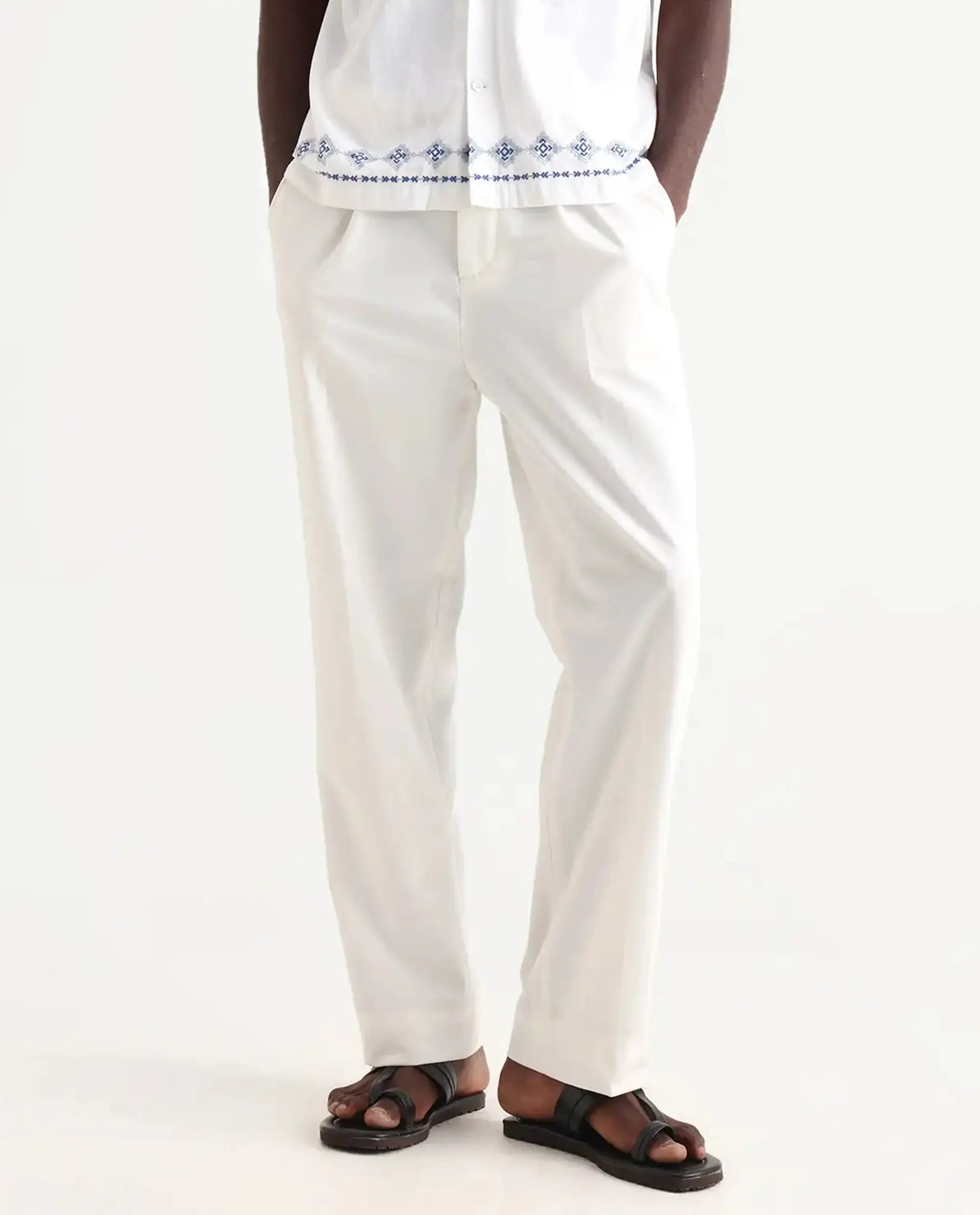 Rare Rabbit Men's Axie White Cotton Blend Plain Wide Leg Trouser
