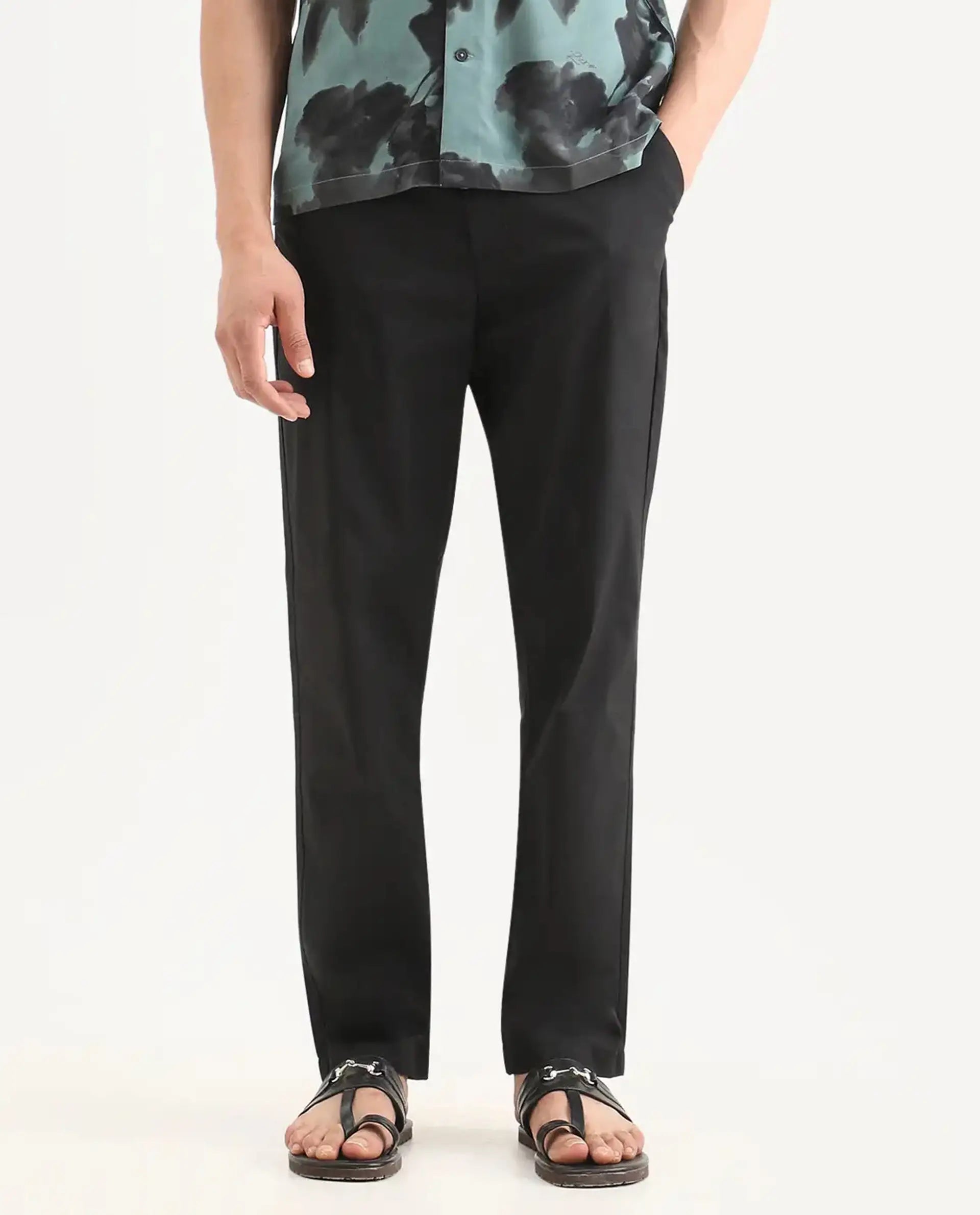 Rare Rabbit Men Bene Black Cotton Blend Fabric Button Closure Straight Fit Plain Trouser