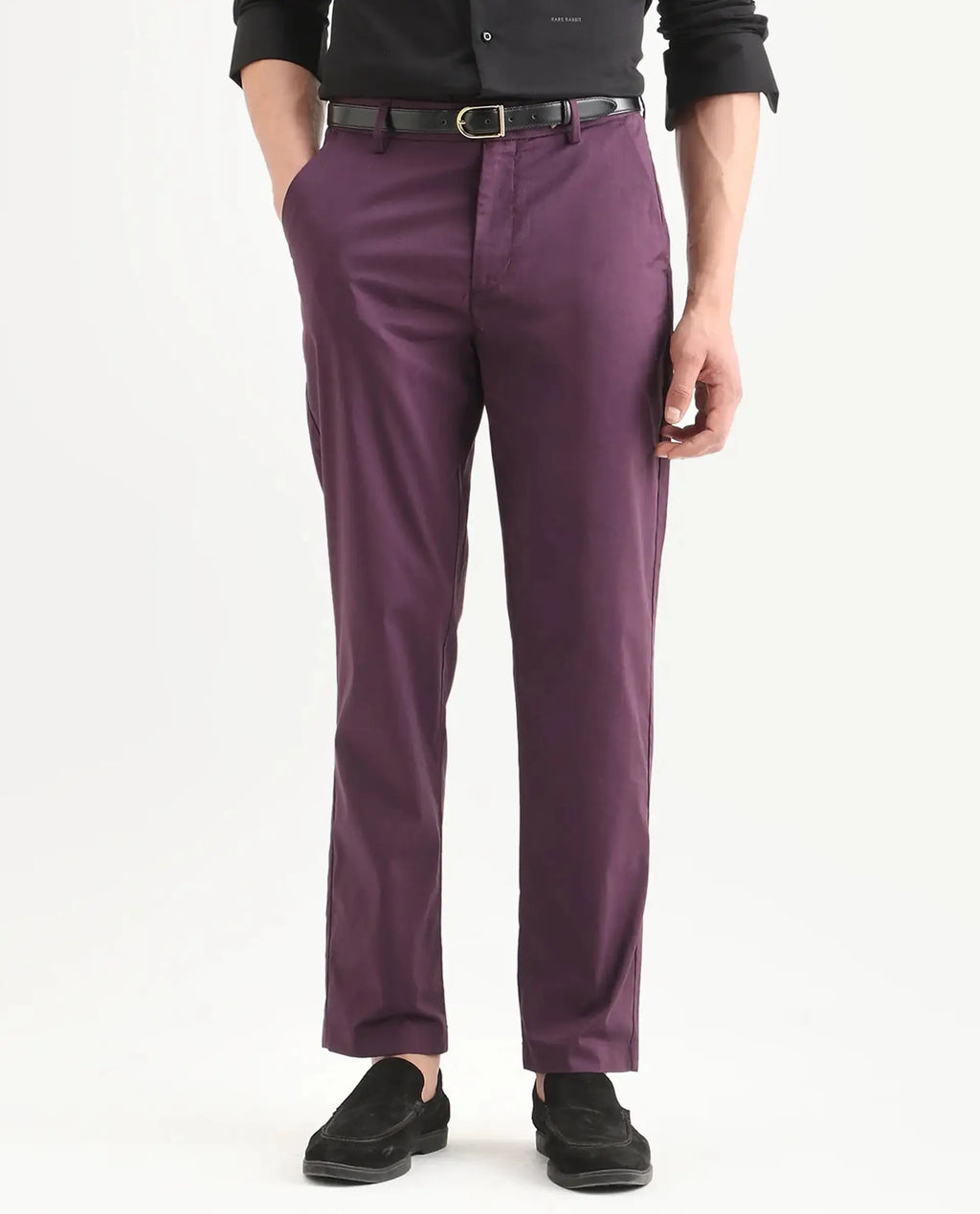 Rare Rabbit Men Bene Dark Purple Cotton Blend Fabric Button Closure Straight Fit Plain Trouser