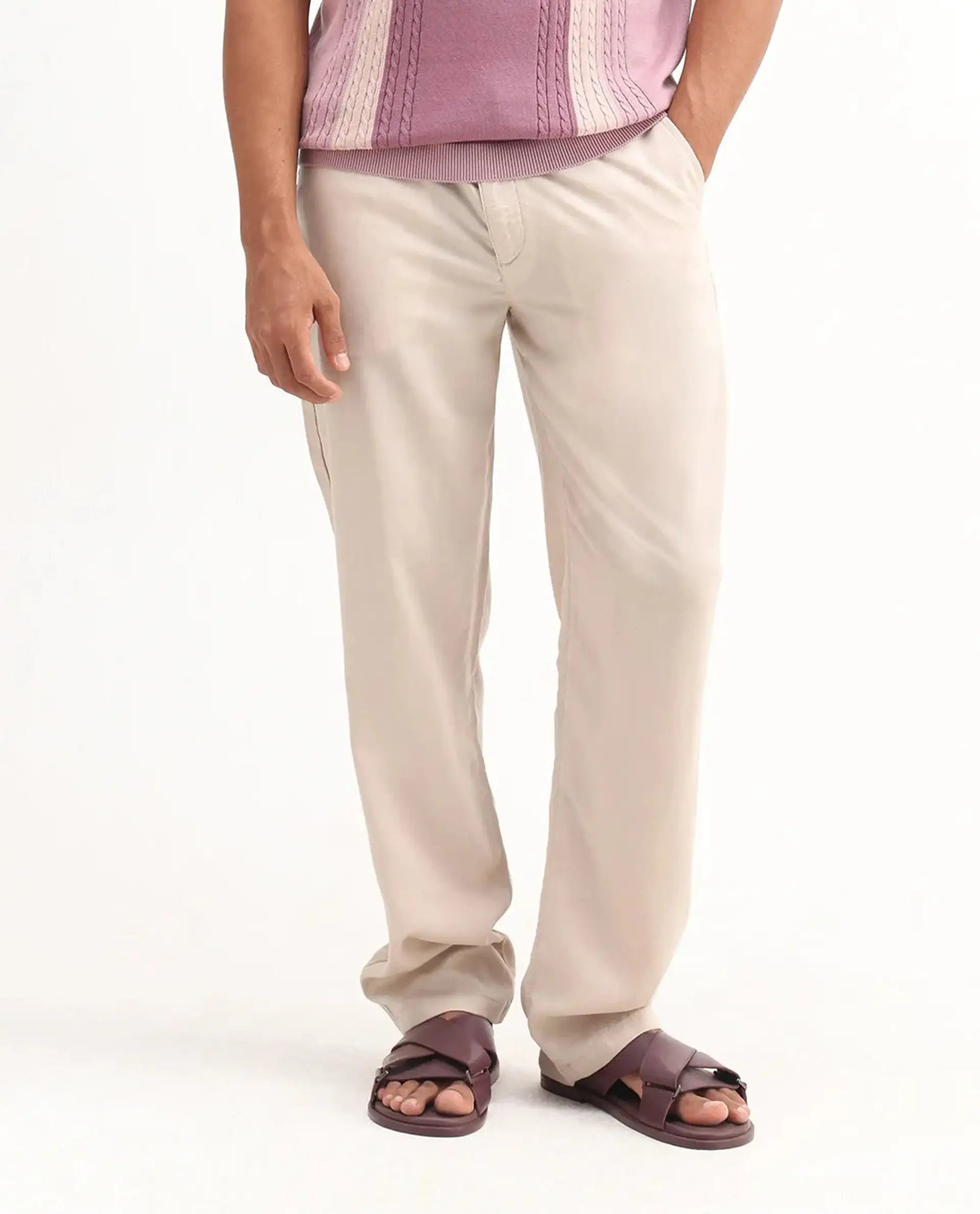 Rare Rabbit Men's Coft-B Beige Linen Blend Plain Loose Fit Trouser