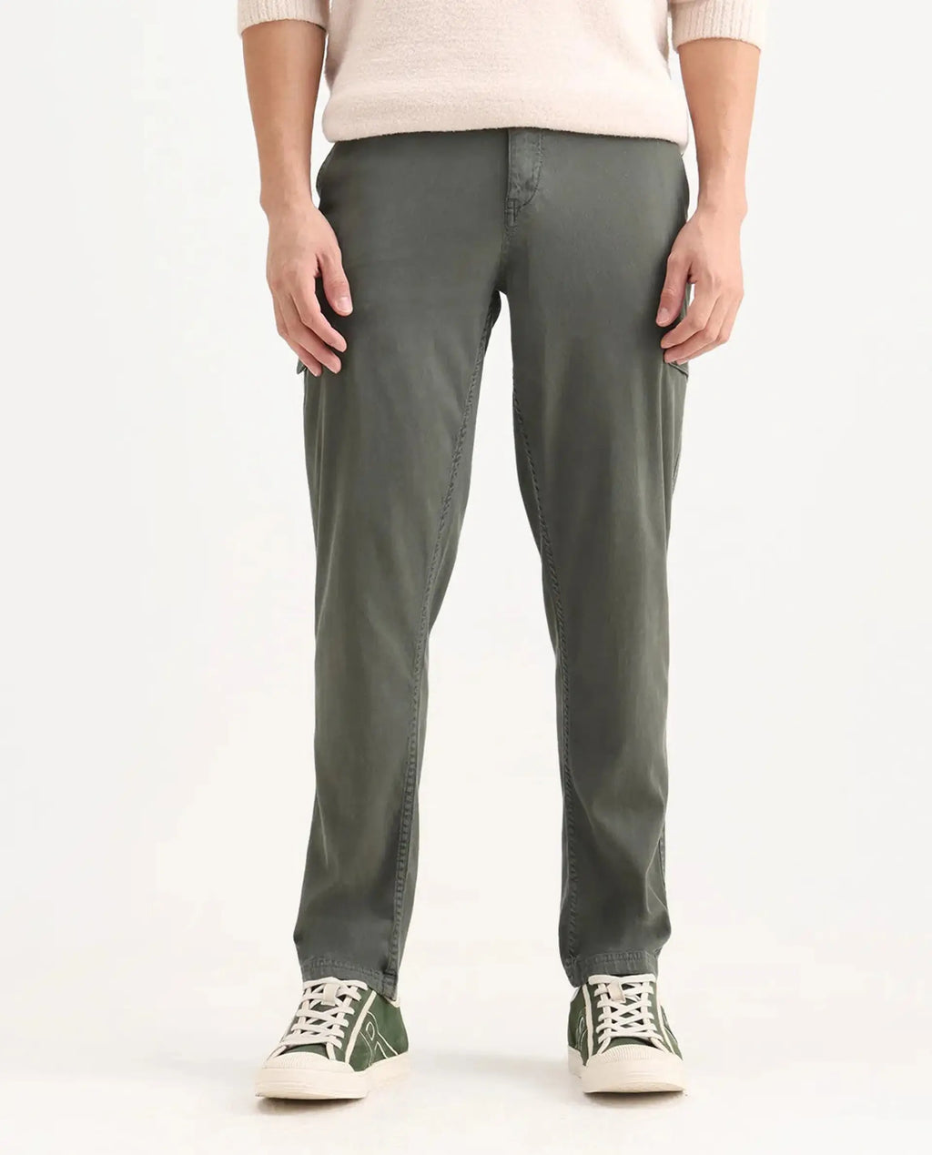 Rare Rabbit Men's Curex Dusky Olive Cotton Blend Plain Regular Fit Trouser