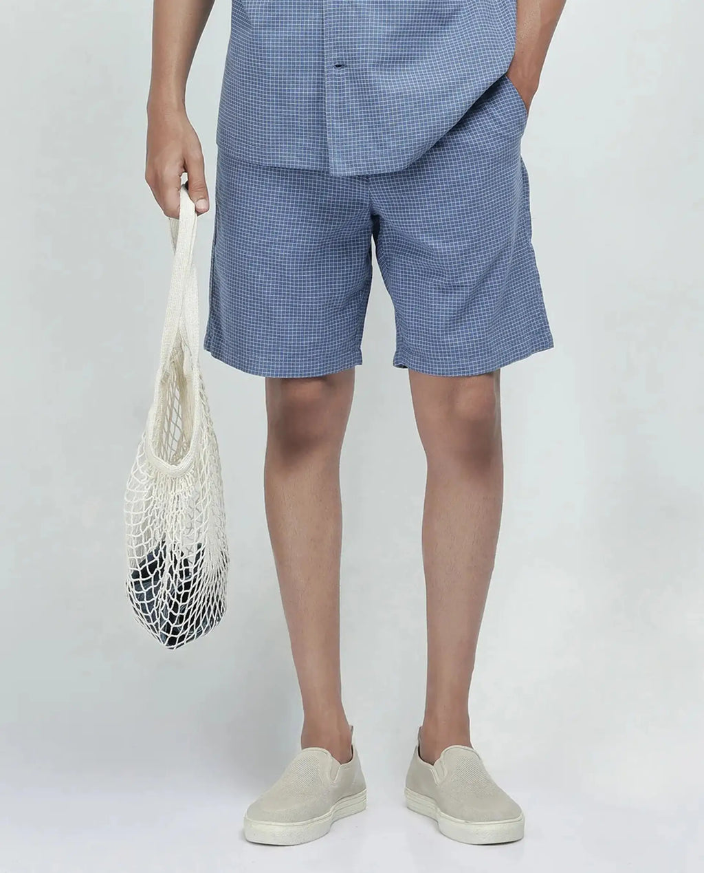 Rare Rabbit Men's Dorn Blue Cotton Blend Checked Print Relaxed Fit Shorts