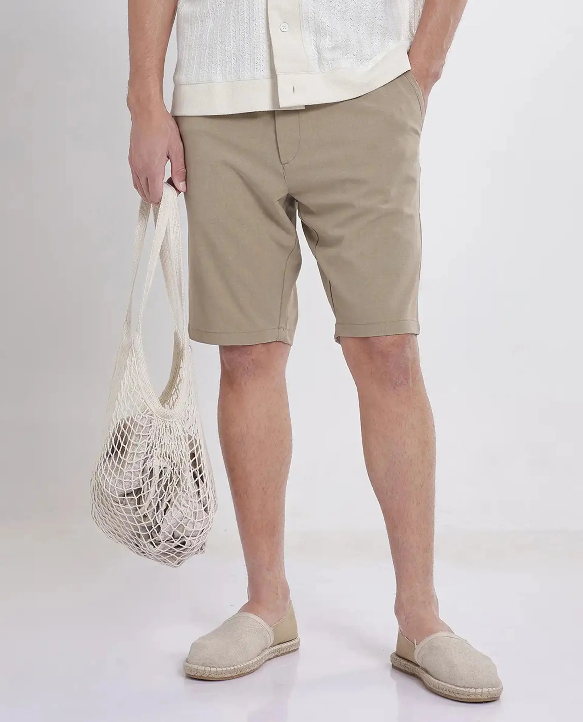 Rare Rabbit Men's Drivo Khaki Cotton Blend Plain Regular Fit Shorts
