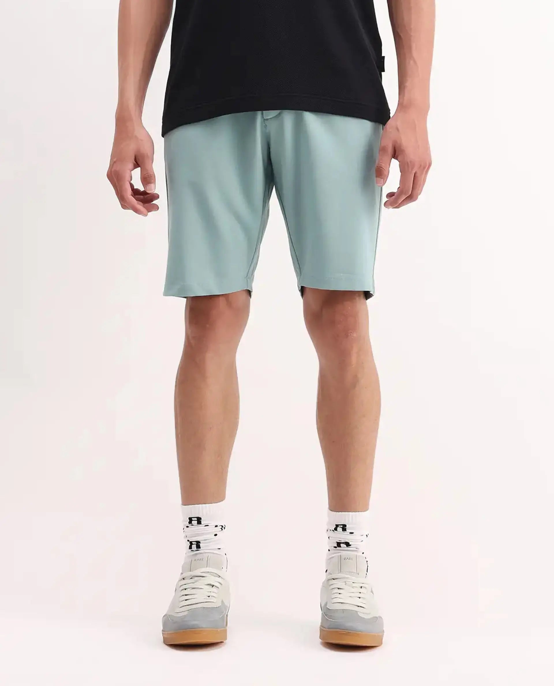 Rare Rabbit Men's Drivo Pastel Green Cotton Blend Plain Regular Fit Shorts