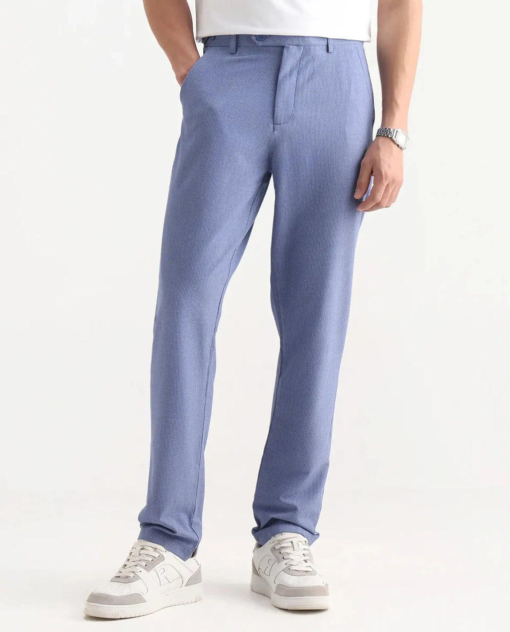 Rare Rabbit Men's Horon Blue Cotton Blend Plain Baggy Fit Trouser