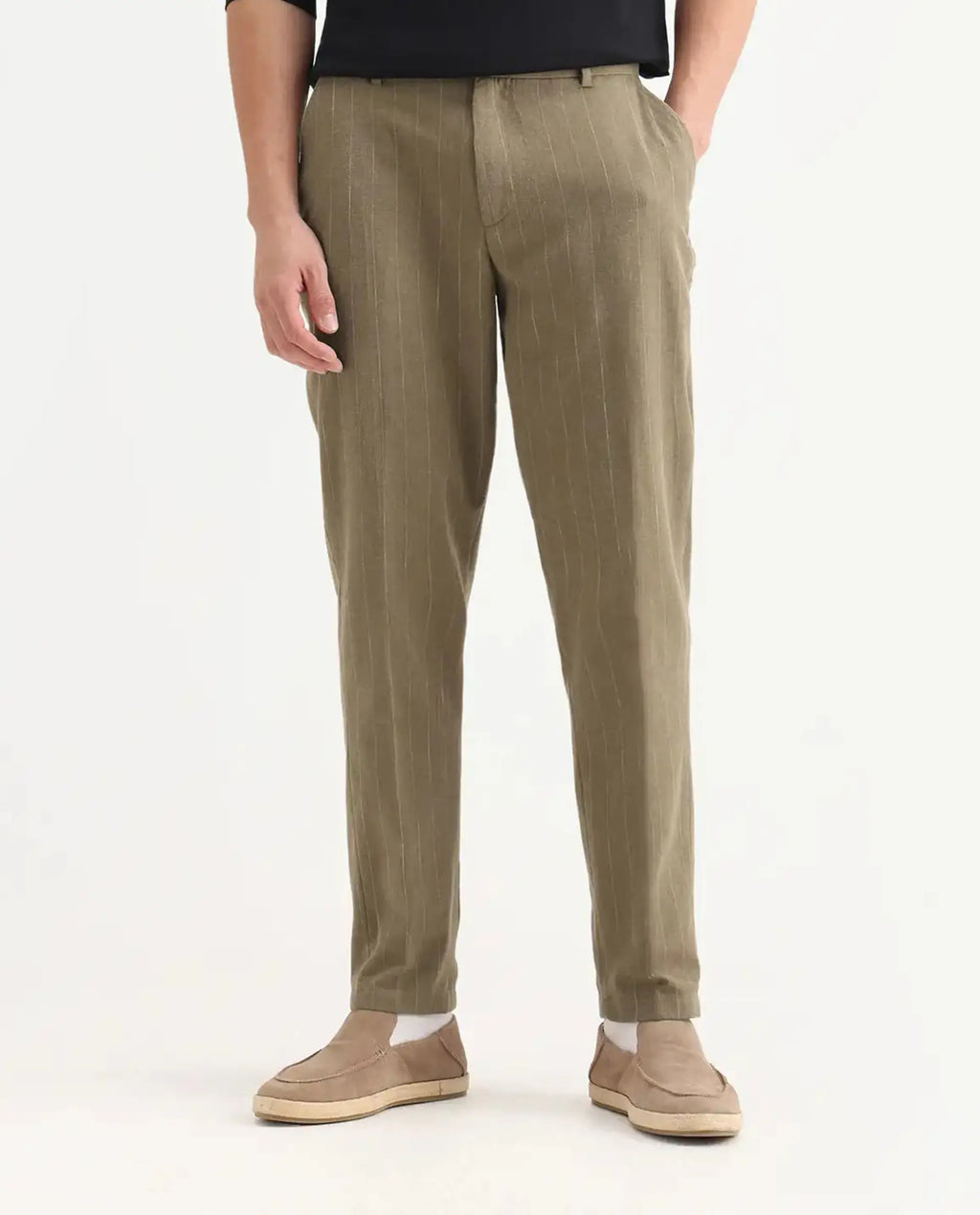 Rare Rabbit Men's Jlo Khaki Cotton Blend Striped Print Relaxed Fit Trouser