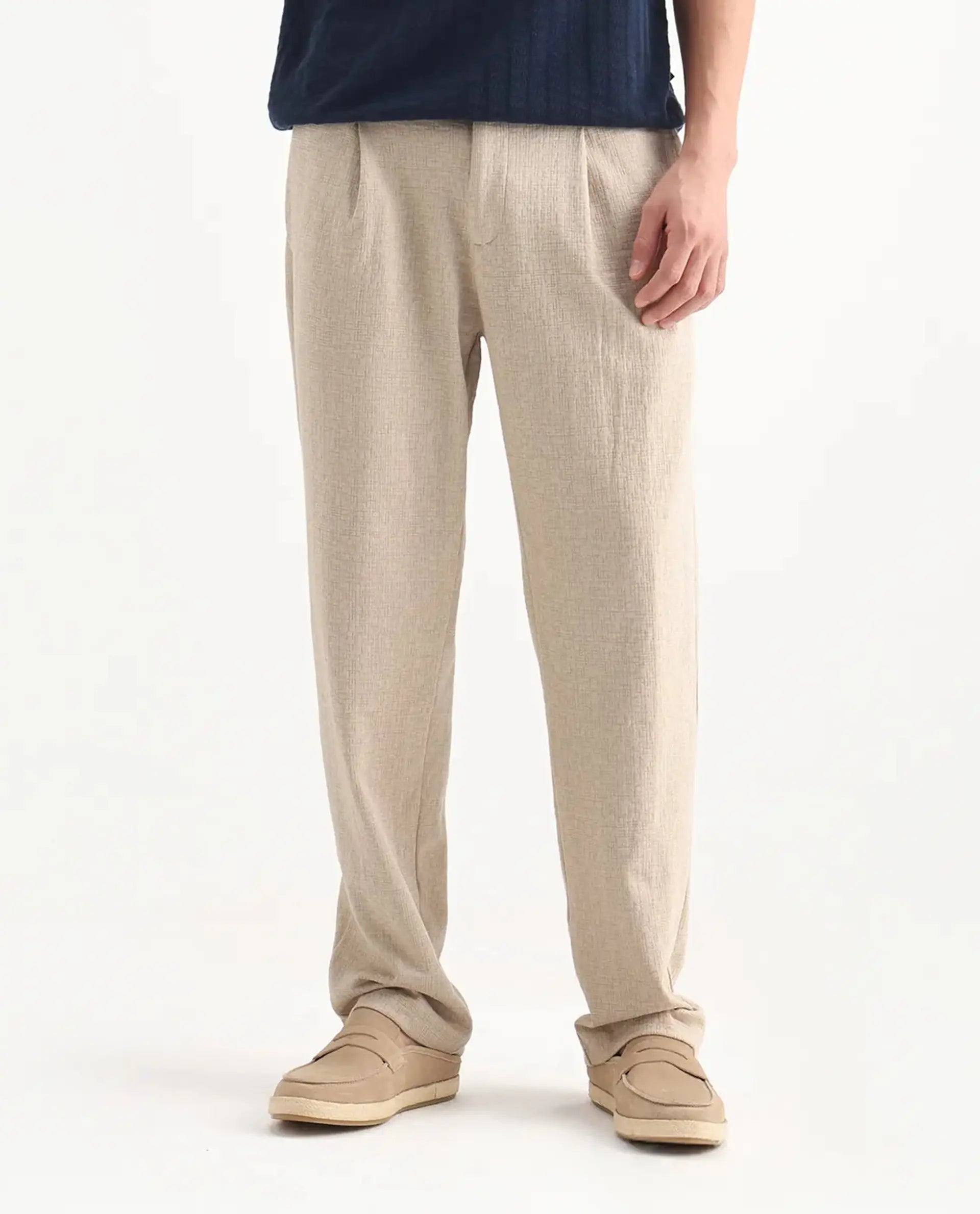 Rare Rabbit Men's Keloe Beige Cotton Blend Plain Relaxed Fit Trouser