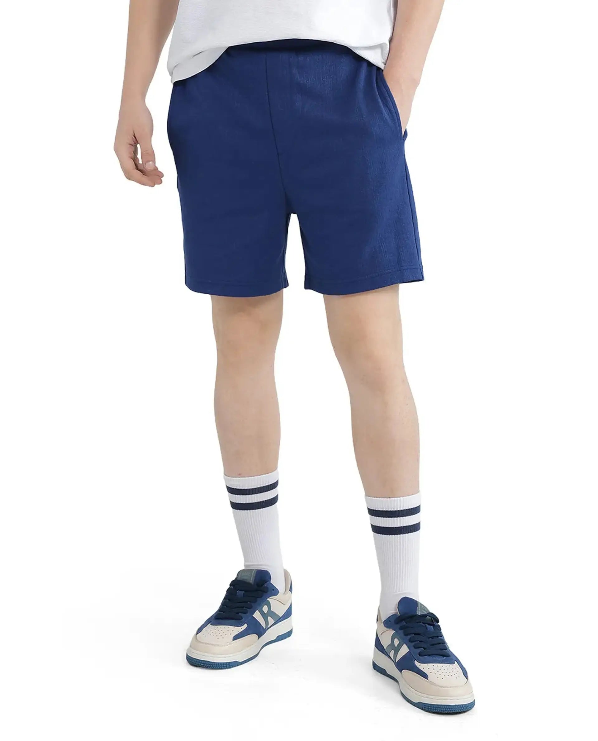 Rare Rabbit Men's Kelor Blue Cotton Blend Plain Regular Fit Shorts