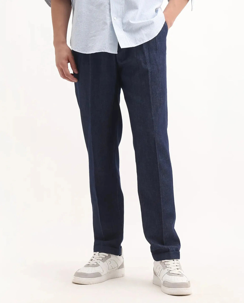 Rare Rabbit Men's Leni Blue Cotton Blend Plain Baggy Fit Trouser