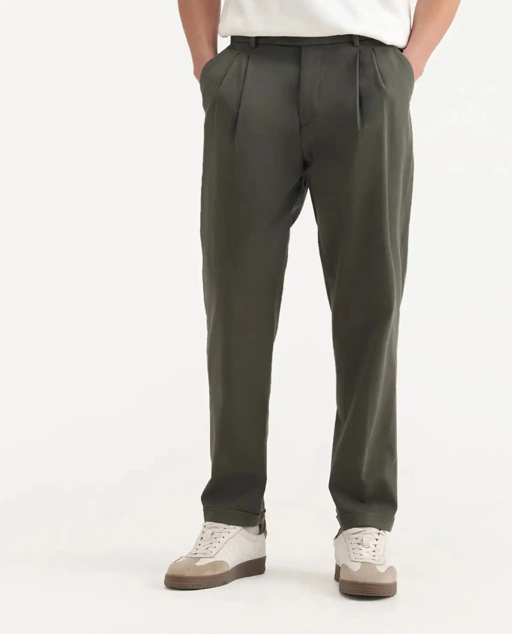 Rare Rabbit Men's Leni Olive Cotton Blend Plain Baggy Fit Trouser