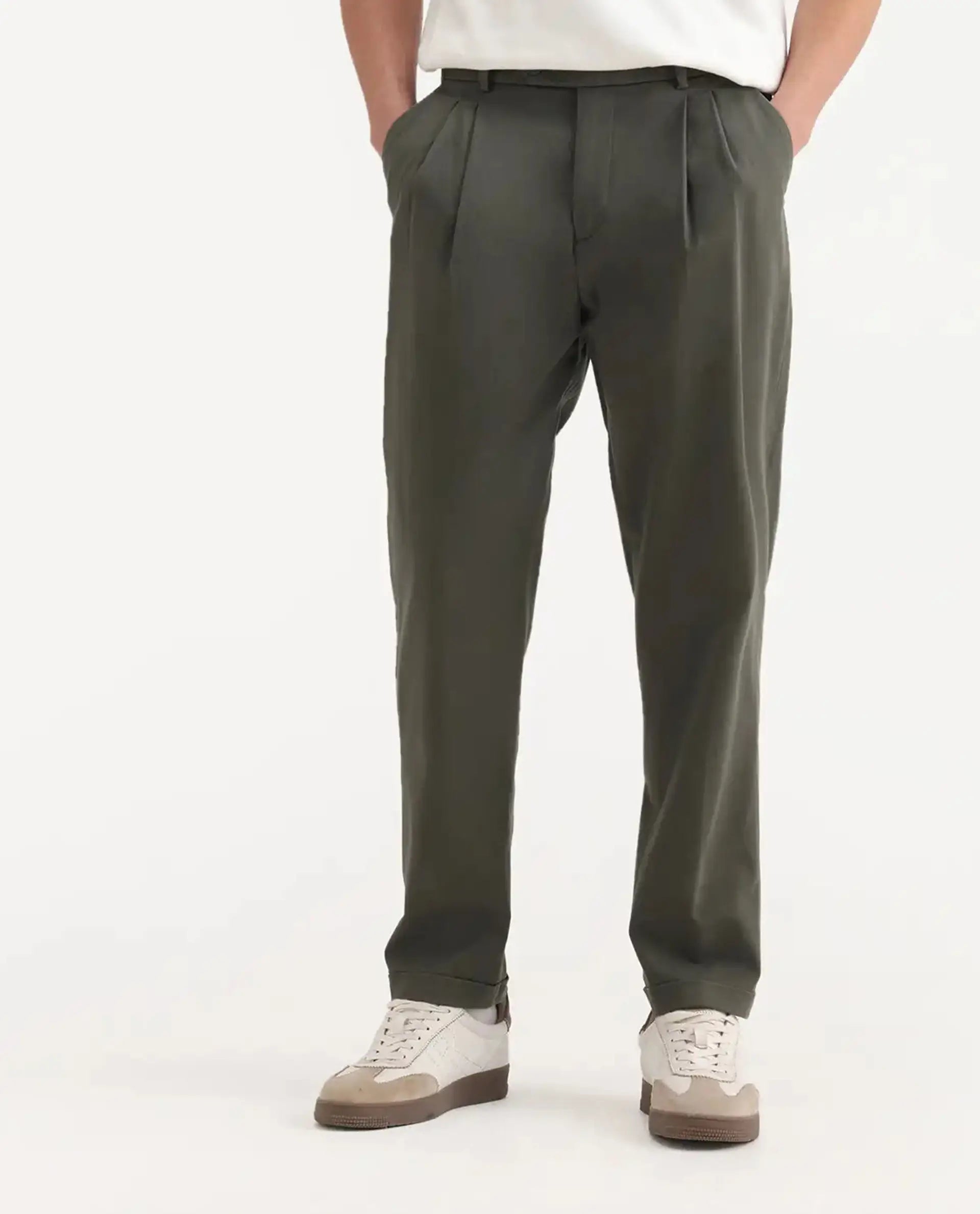 Rare Rabbit Men's Leni Olive Cotton Blend Plain Baggy Fit Trouser