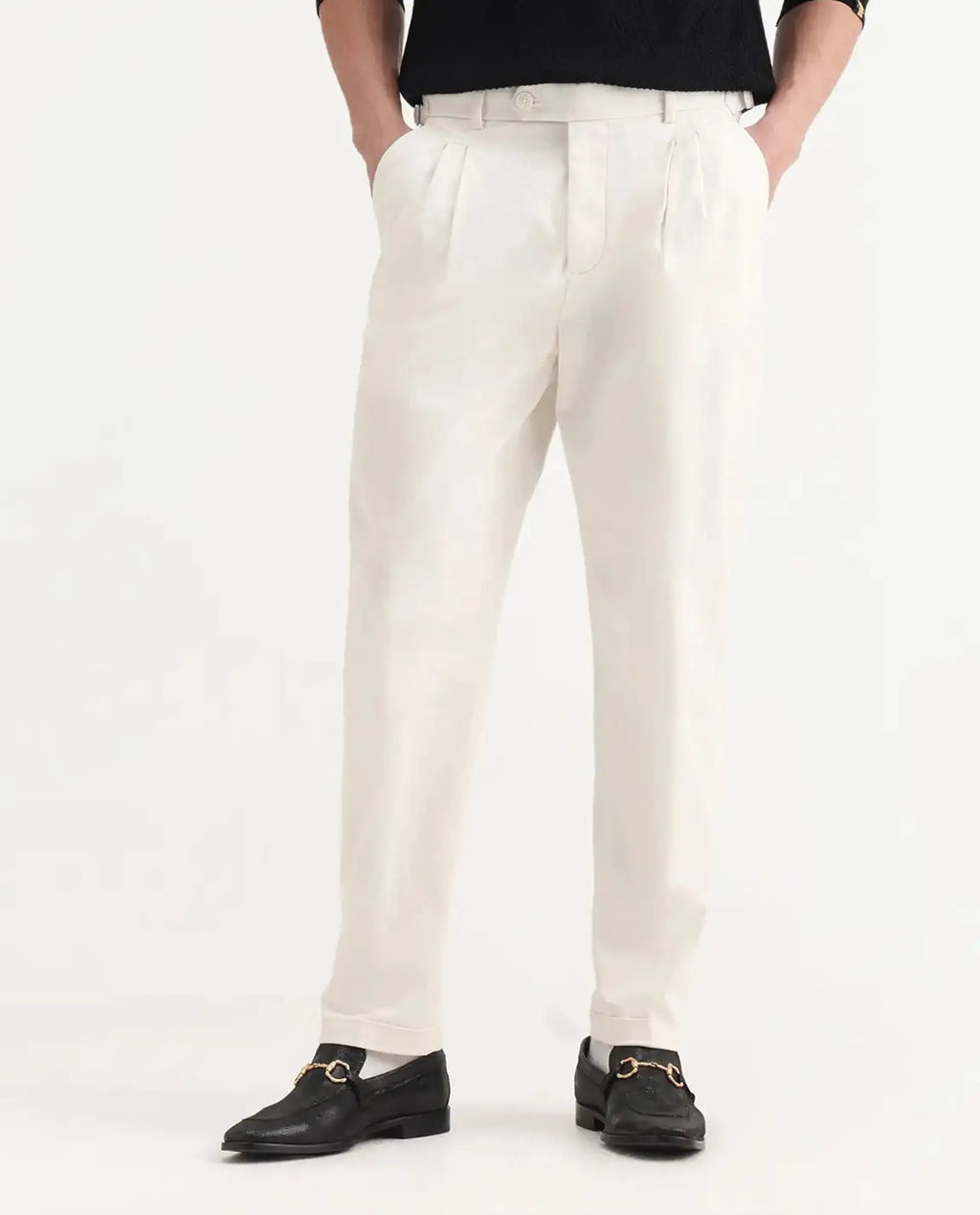 Rare Rabbit Men's Leni White Cotton Blend Plain Baggy Fit Trouser