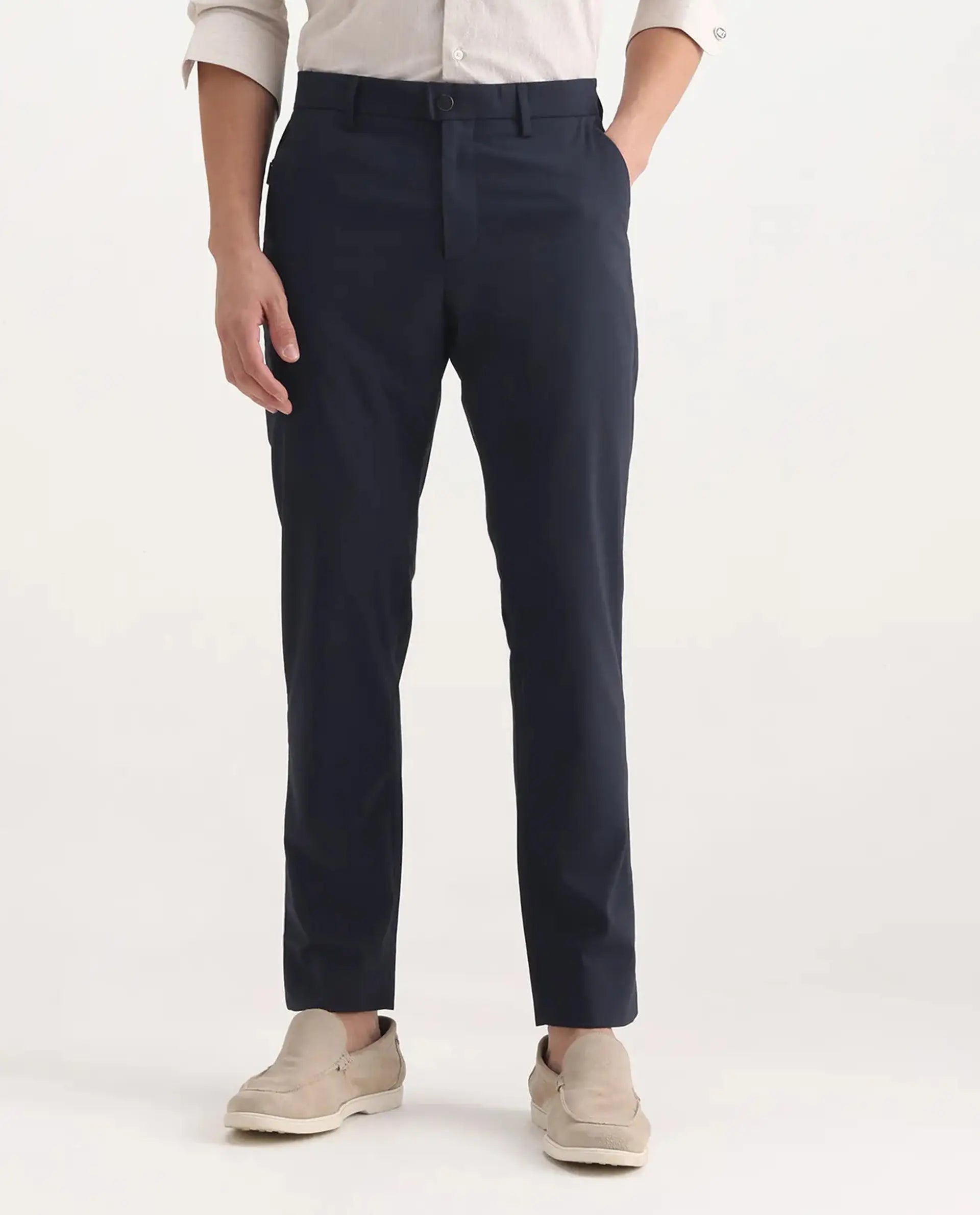 Rare Rabbit Men's Micras Navy Cotton Blend Checked Print Regular Fit Trouser