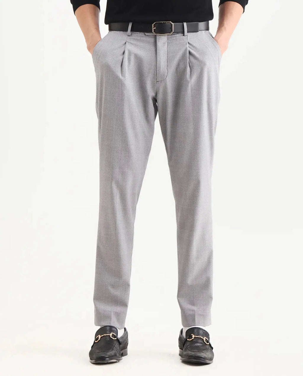 Rare Rabbit Men's Morst Grey Cotton Blend Checked Print Relaxed Fit Trouser