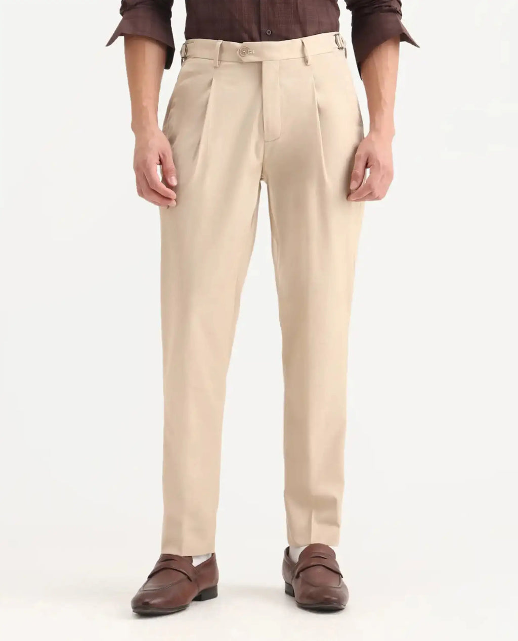 Rare Rabbit Men's Naji Beige Cotton Blend Plain Relaxed Fit Trouser