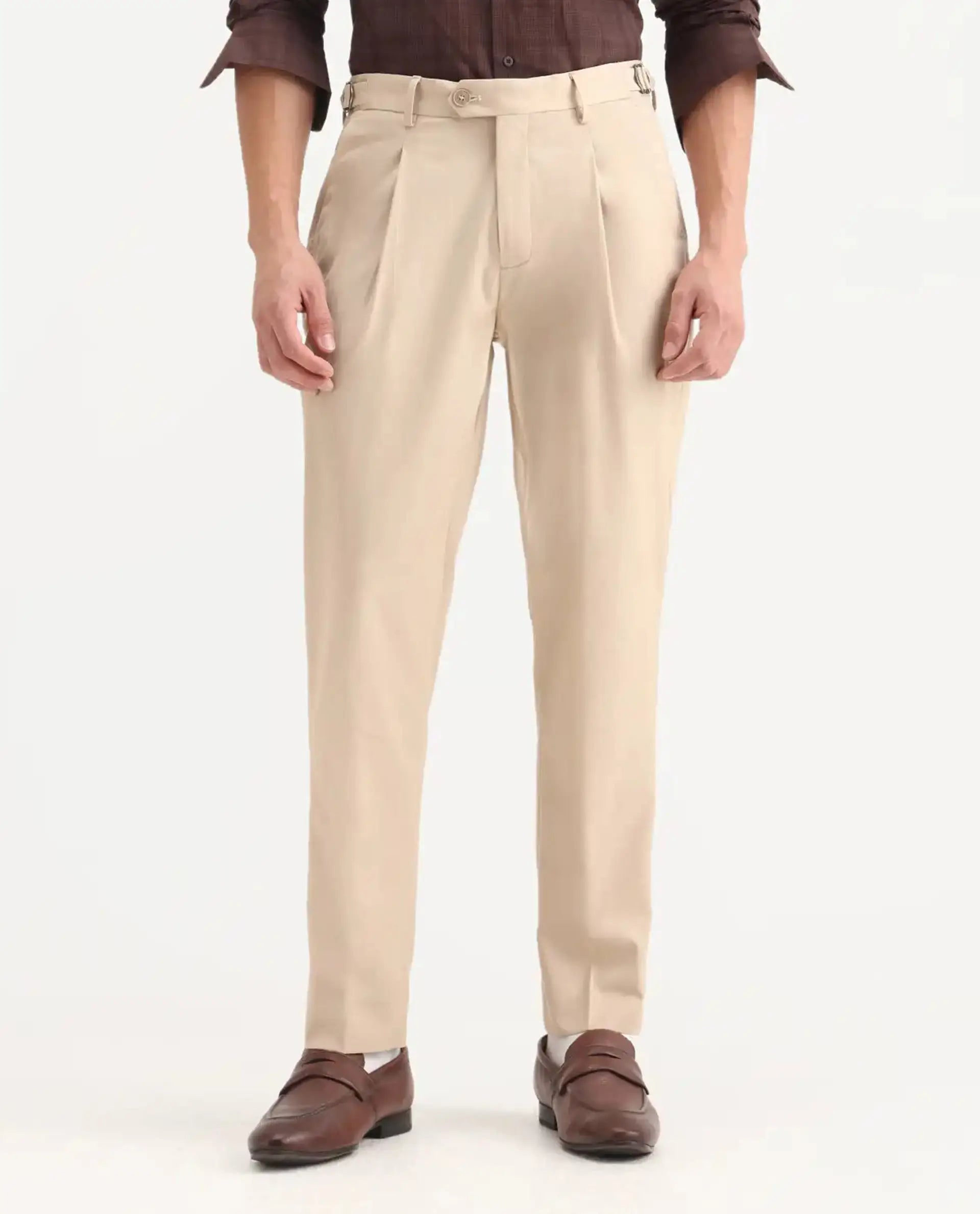 Rare Rabbit Men's Naji Beige Cotton Blend Plain Relaxed Fit Trouser