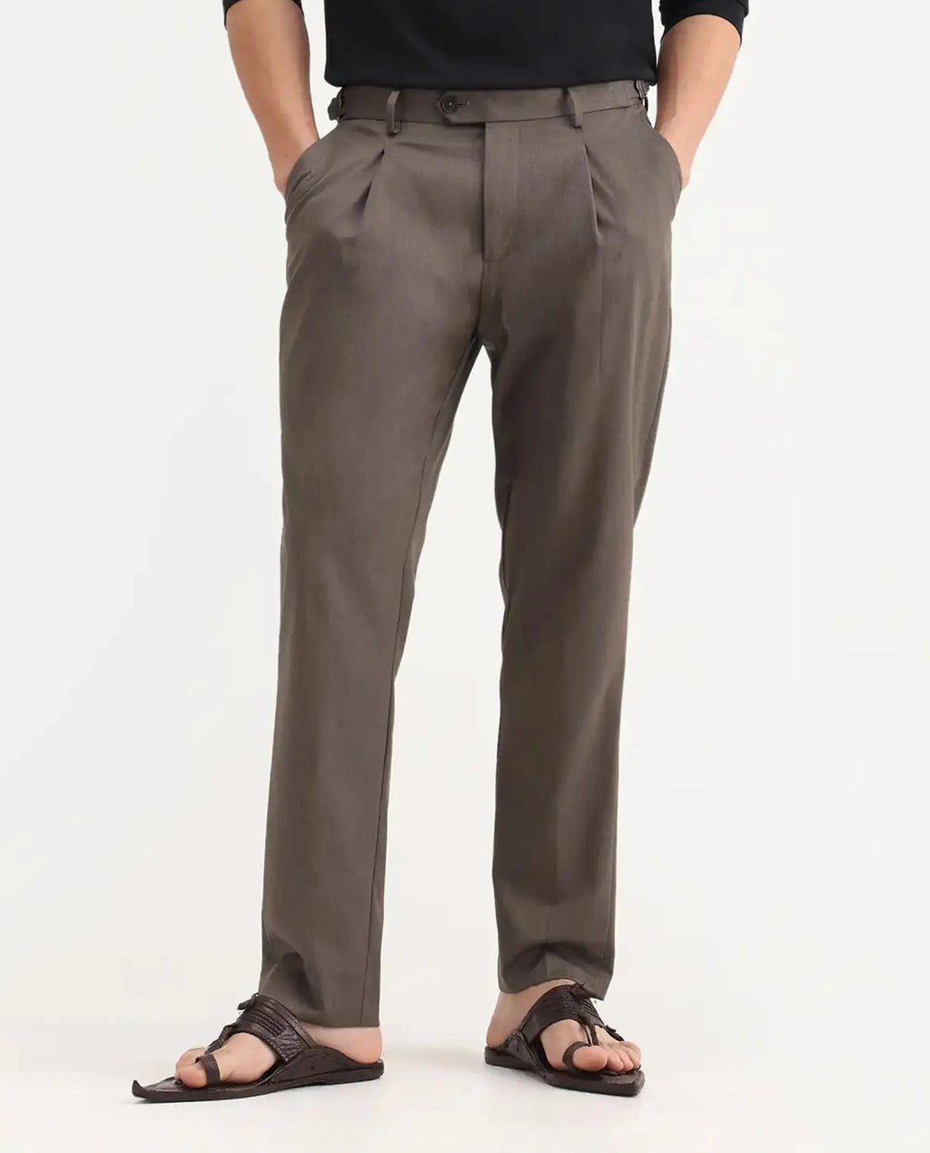 Rare Rabbit Men's Naji Dark Brown Cotton Blend Plain Relaxed Fit Trouser