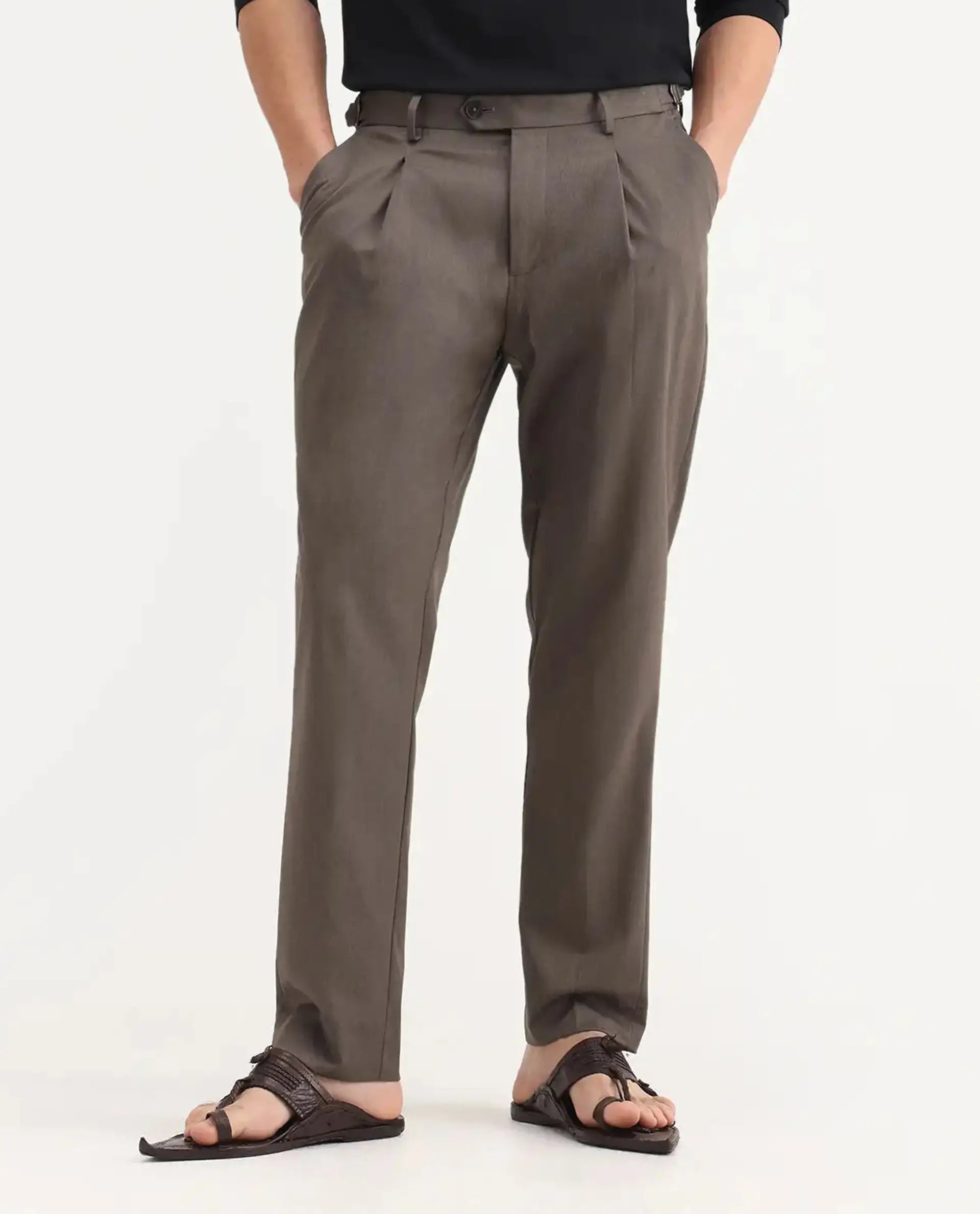 Rare Rabbit Men's Naji Dark Brown Cotton Blend Plain Relaxed Fit Trouser