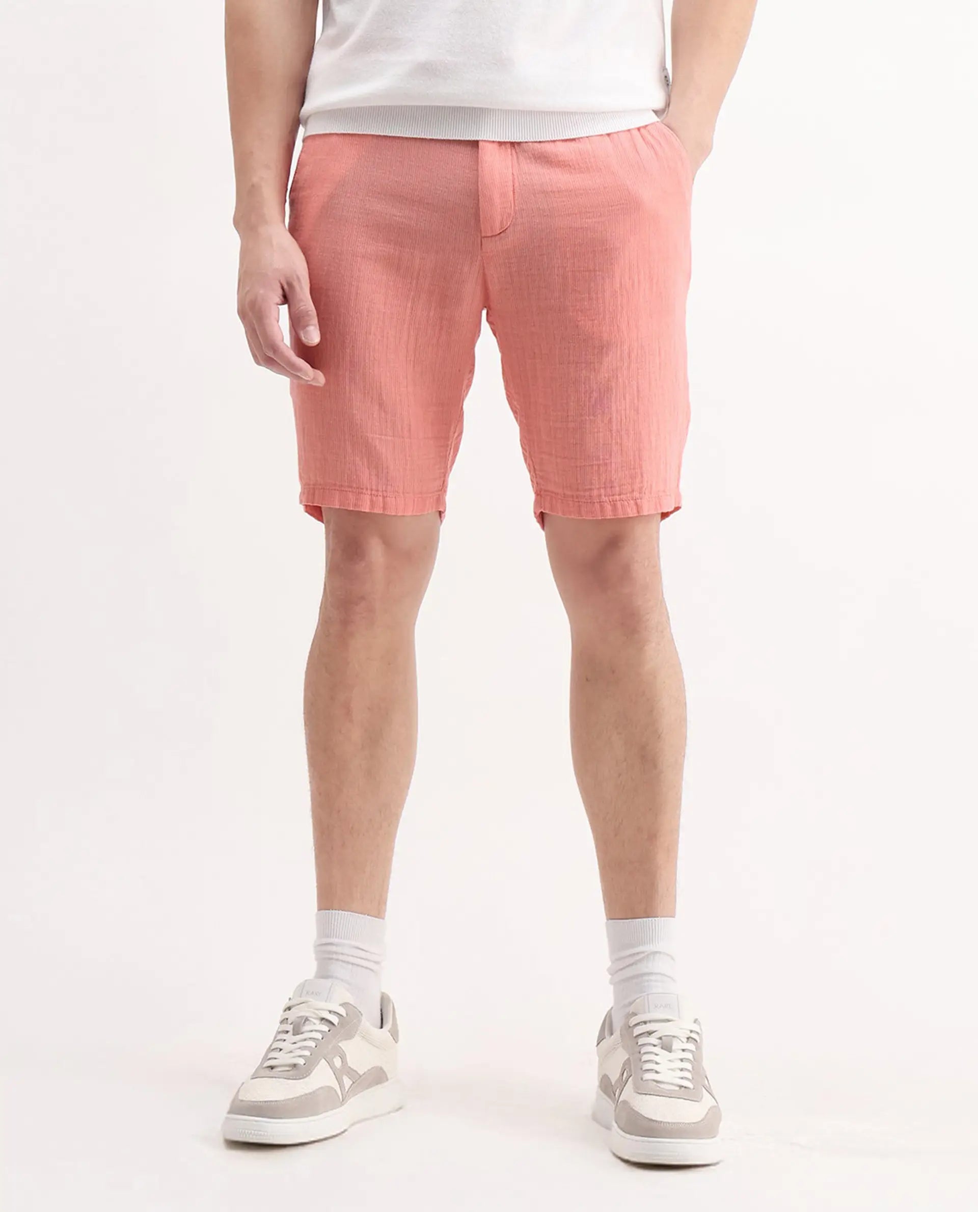 Rare Rabbit Men's Pinto-25 Light Peach Cotton Plain Regular Fit Shorts