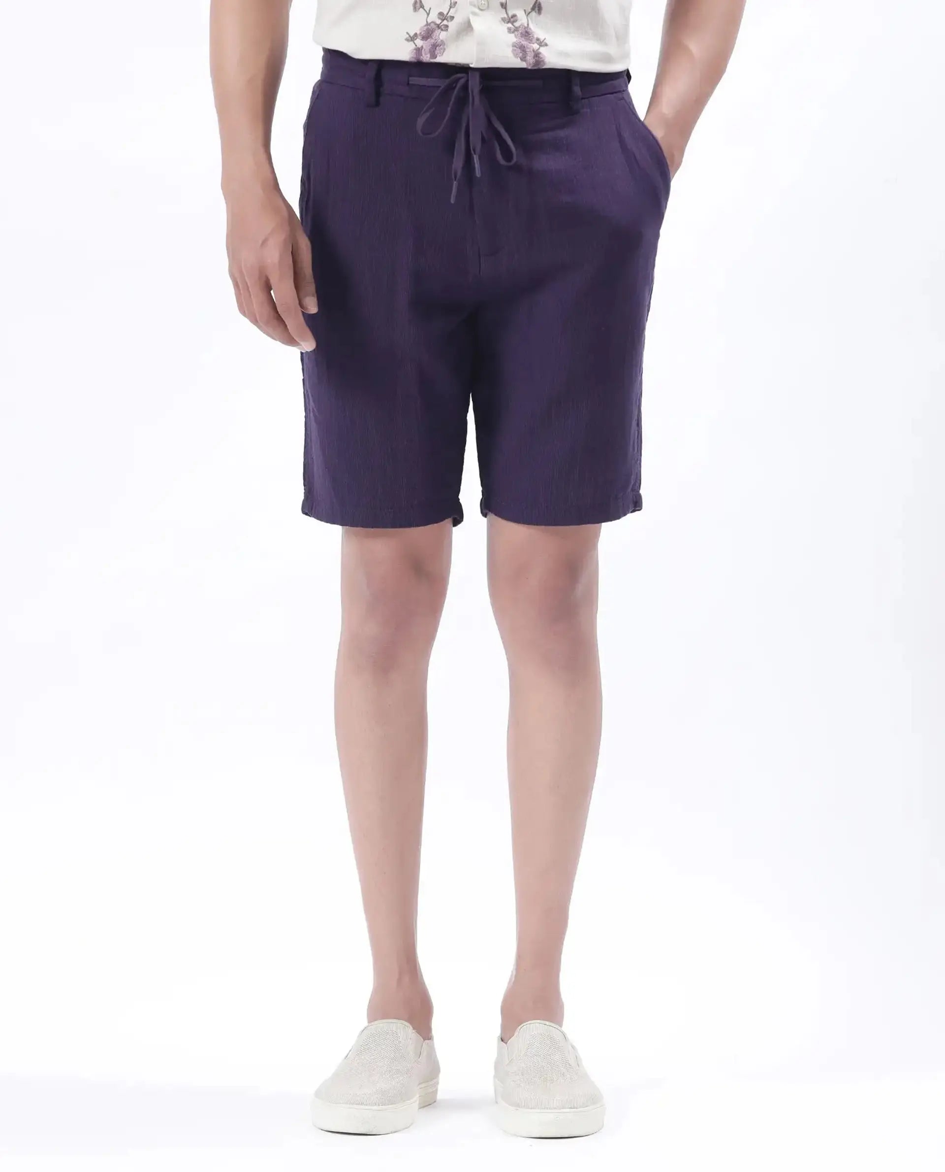 Rare Rabbit Men's Pinto-25 Purple Cotton Blend Plain Regular Fit Shorts