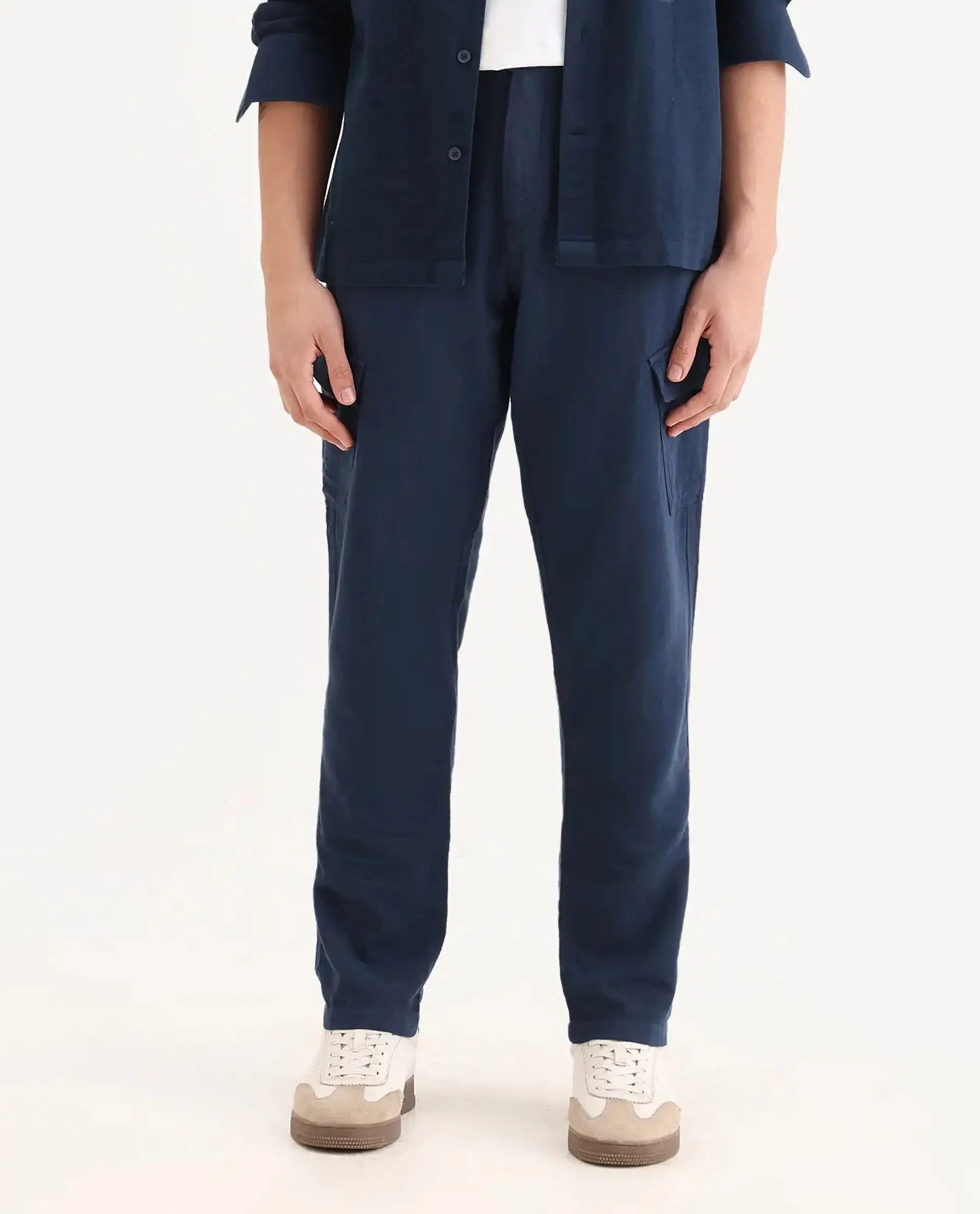 Rare Rabbit Men's Presso-25 Dusky Blue Cotton Blend Plain Relaxed Fit Trouser