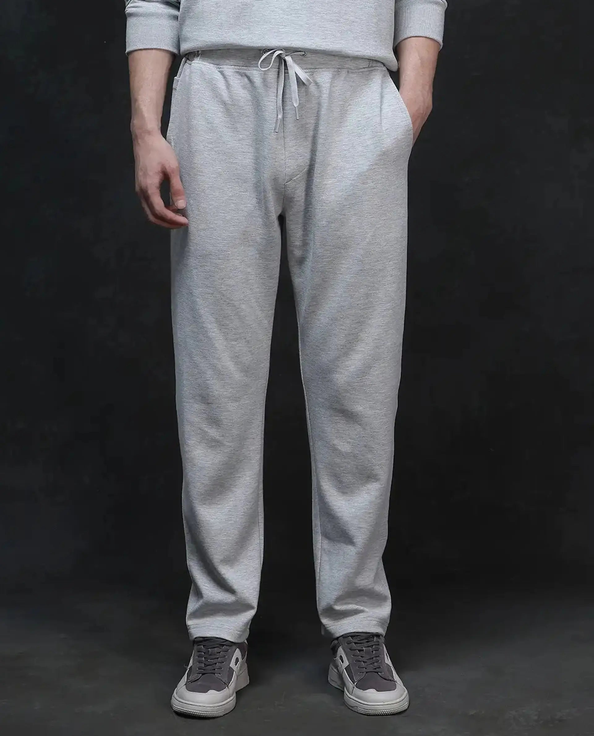 Rare Rabbit Men's Renk Melange Grey Modal Plain Baggy Fit Track Pant