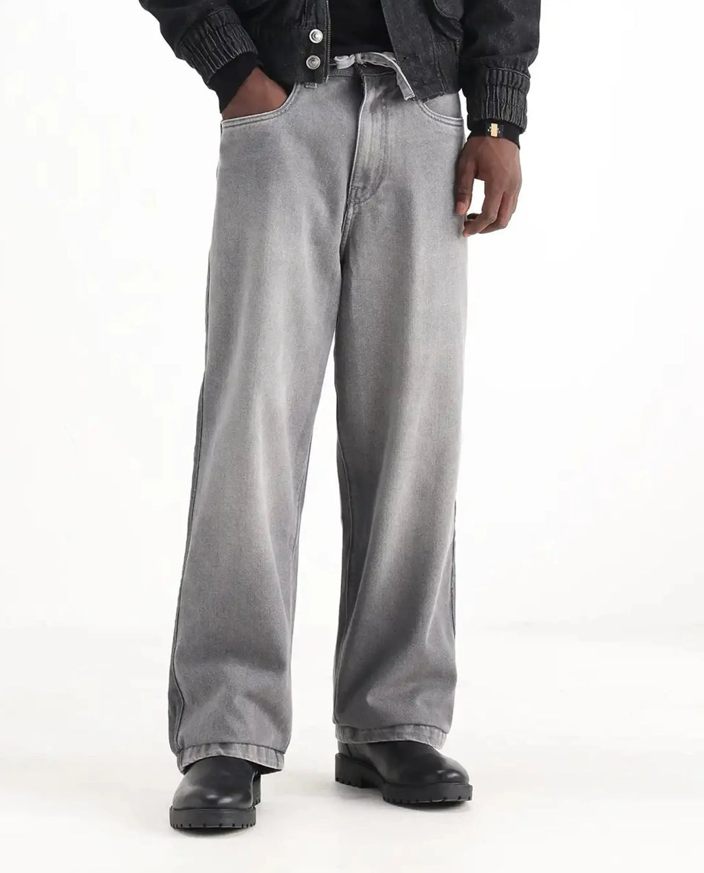 Rare Rabbit Men's Srito Grey Cotton Plain Baggy Fit Jeans