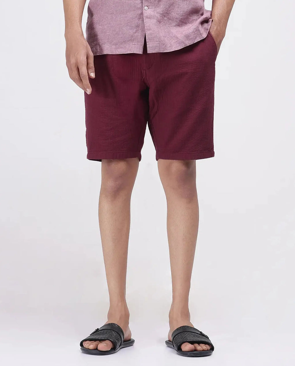 Rare Rabbit Men's Steo Maroon Cotton Blend Plain Relaxed Fit Shorts